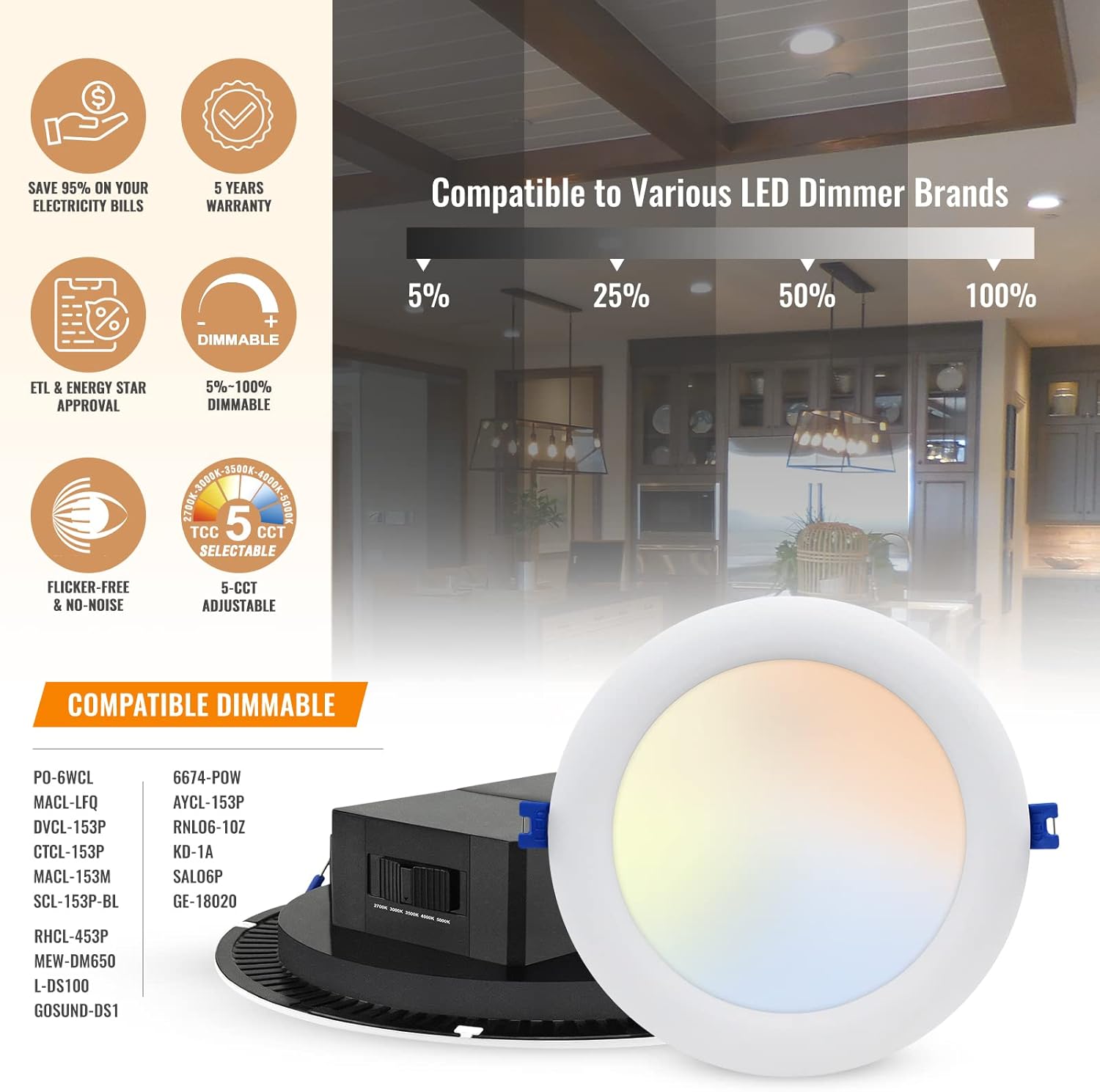 Adetu 12 Pack 6 Inch 5CCT Dimmable LED Recessed Light with Integrated Junction Box, 2700K/3000K/3500K/4000K/5000K Selectable,14W 115W Eqv, Canless Downlight- ETL Energy Star