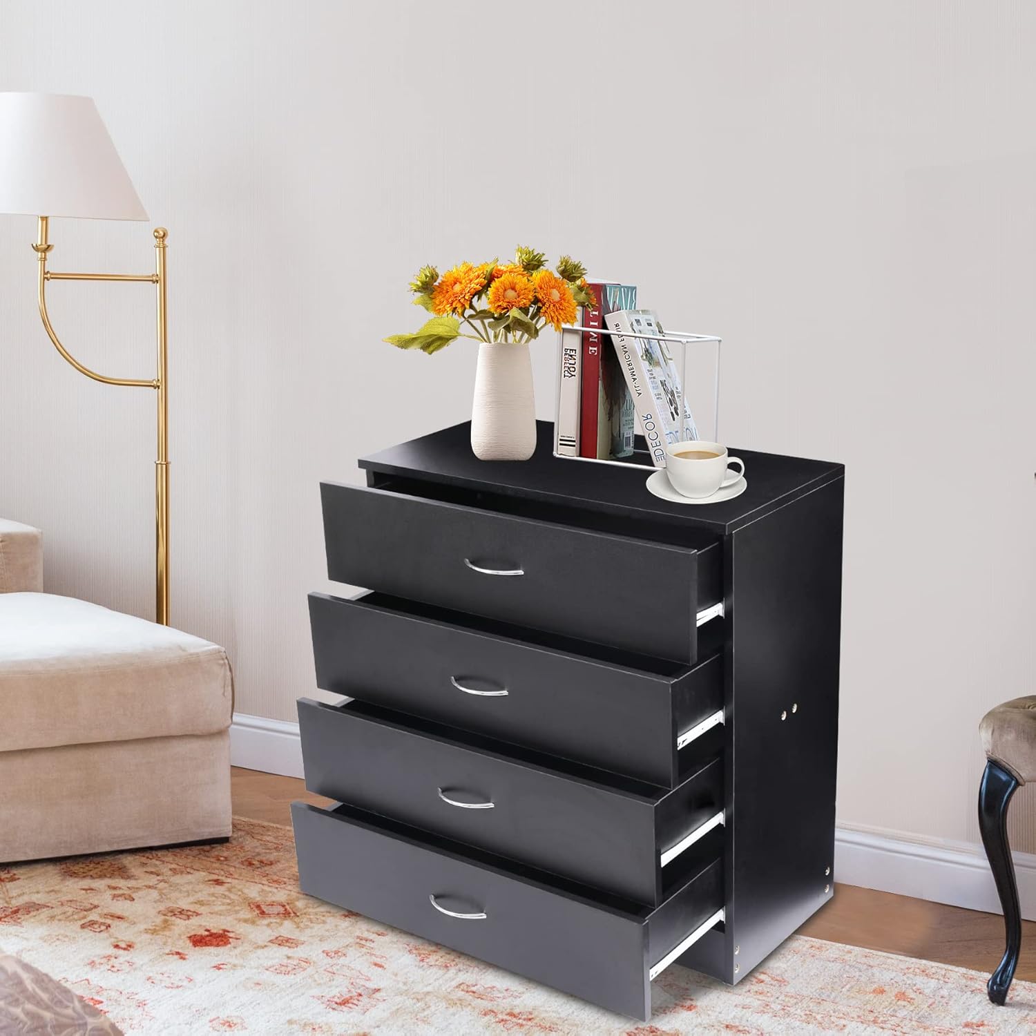 ALAPUR 4 Drawer Dresser, Mid Century Chest of Drawers for Bedroom, Wood Storage Cabinet with Drawers, Black
