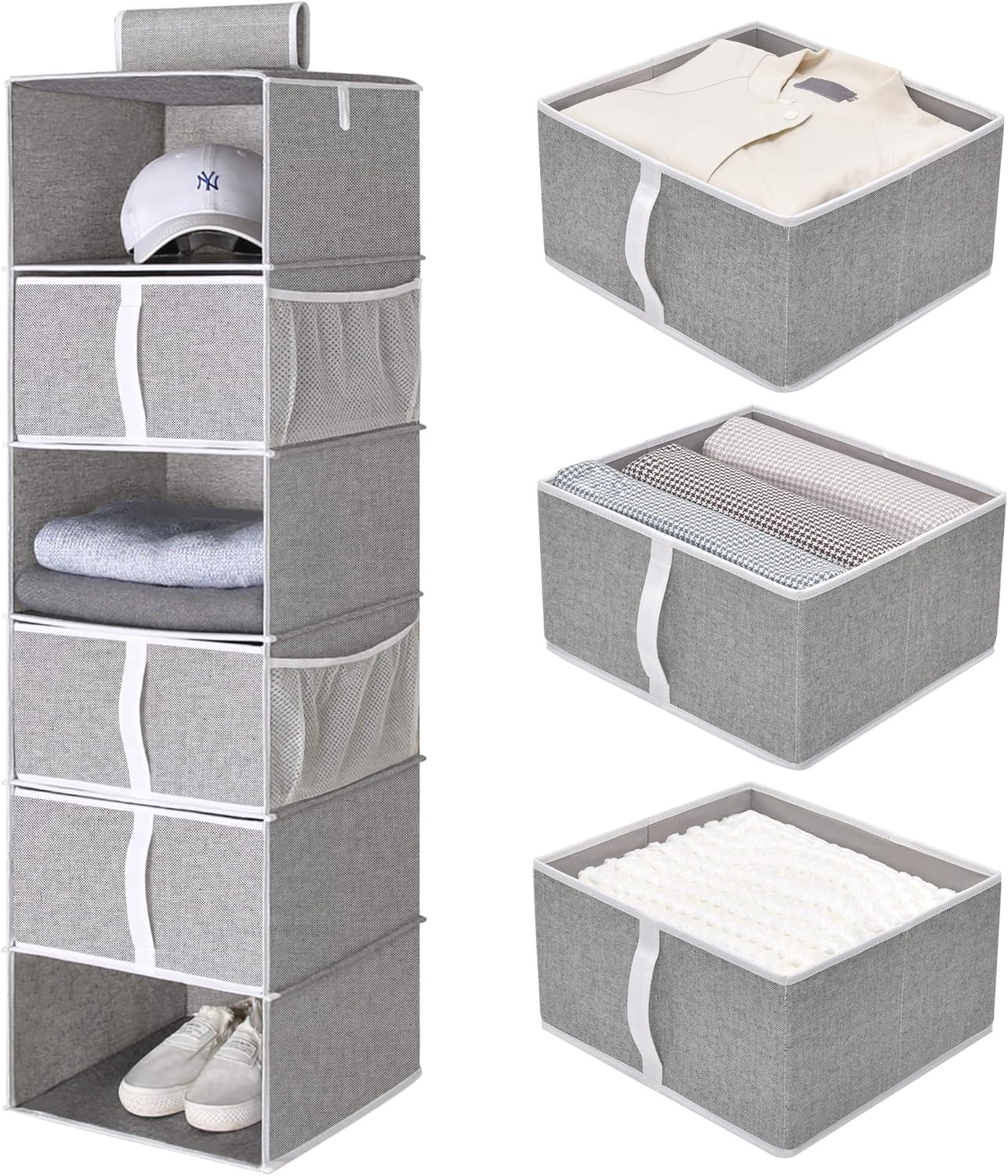 StorageWorks 6-Shelf Hanging Closet Shelves, Hanging Closet Organizer with 3 Drawers, Canvas, Light Gray, 13.6”W x 12.2”D x 42.5”H Pack of 2