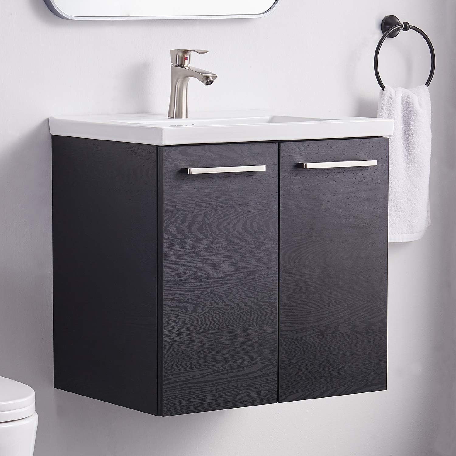 Mogiyin Modern 24&rdquo; Floating Bathroom Vanity Wall Mount,Simple Design 2-Door 2 Handles Bathroom Floating Sink Black Cabinet Vanities Combo Set with White Integrated Undermount Ceramic Vessel Sink