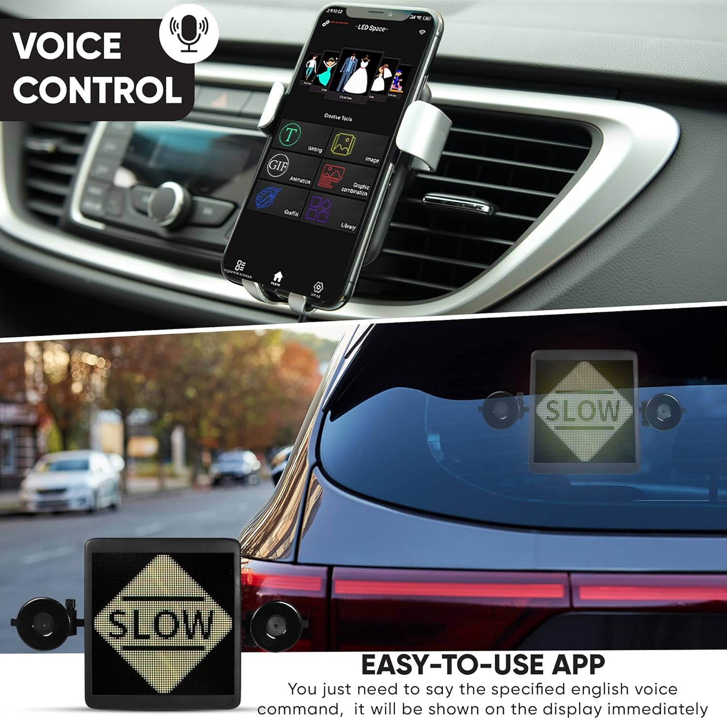 Smart LED Display Interactive Screen, Voice and Mobile App Remote Control, Bluetooth Connection, 64X64 pix, Express Message, Emojis for Car, Restaurant, Home, Shop and more.