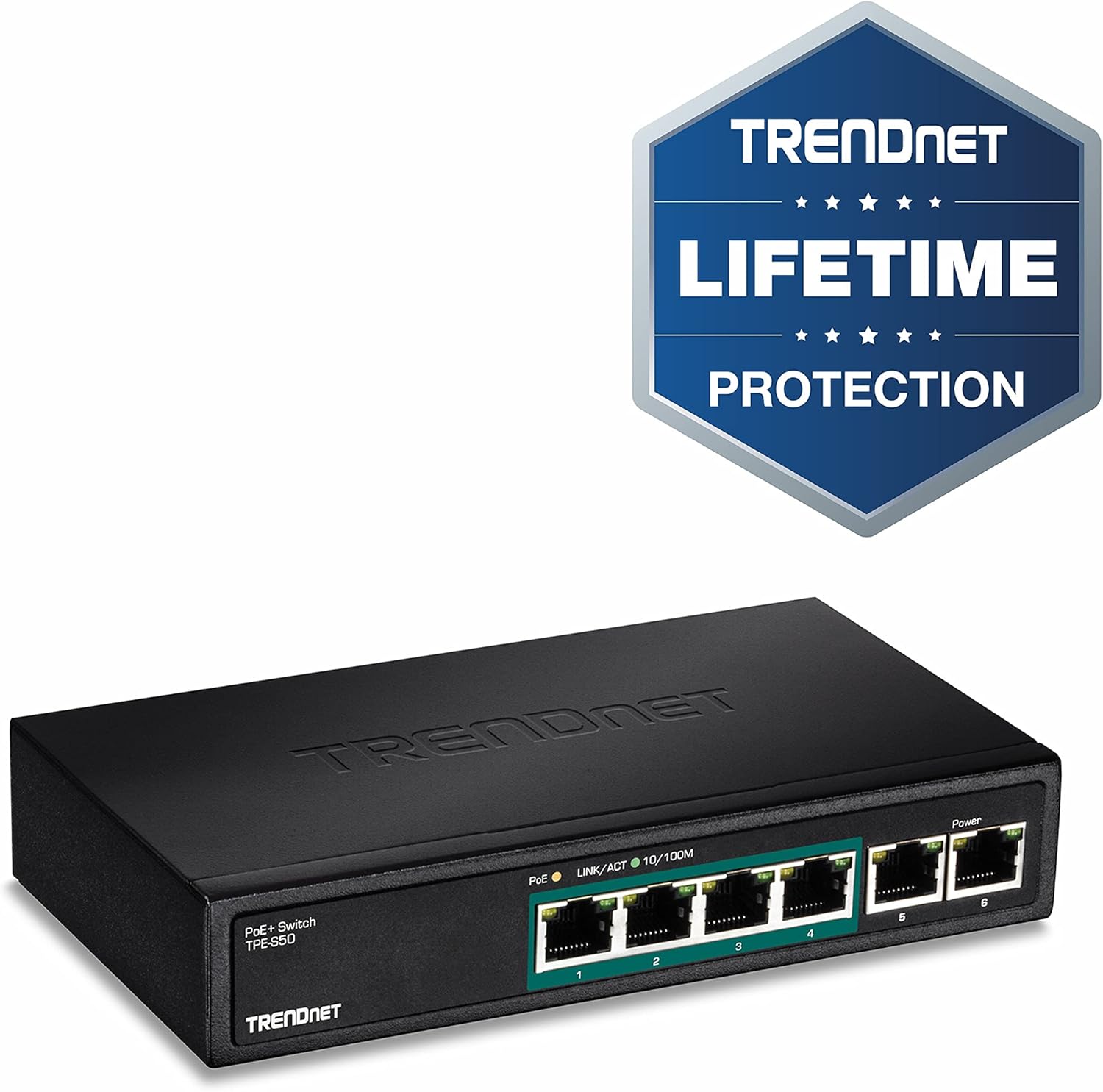 TRENDnet 6-Port Fast Ethernet PoE+ Switch, 4 x Fast Ethernet PoE Ports, 2 x Fast Ethernet Ports, 60W PoE Budget, 1.2 Gbps Switch Capacity, Metal, Lifetime Protection, Black, TPE-S50 Pack of 2