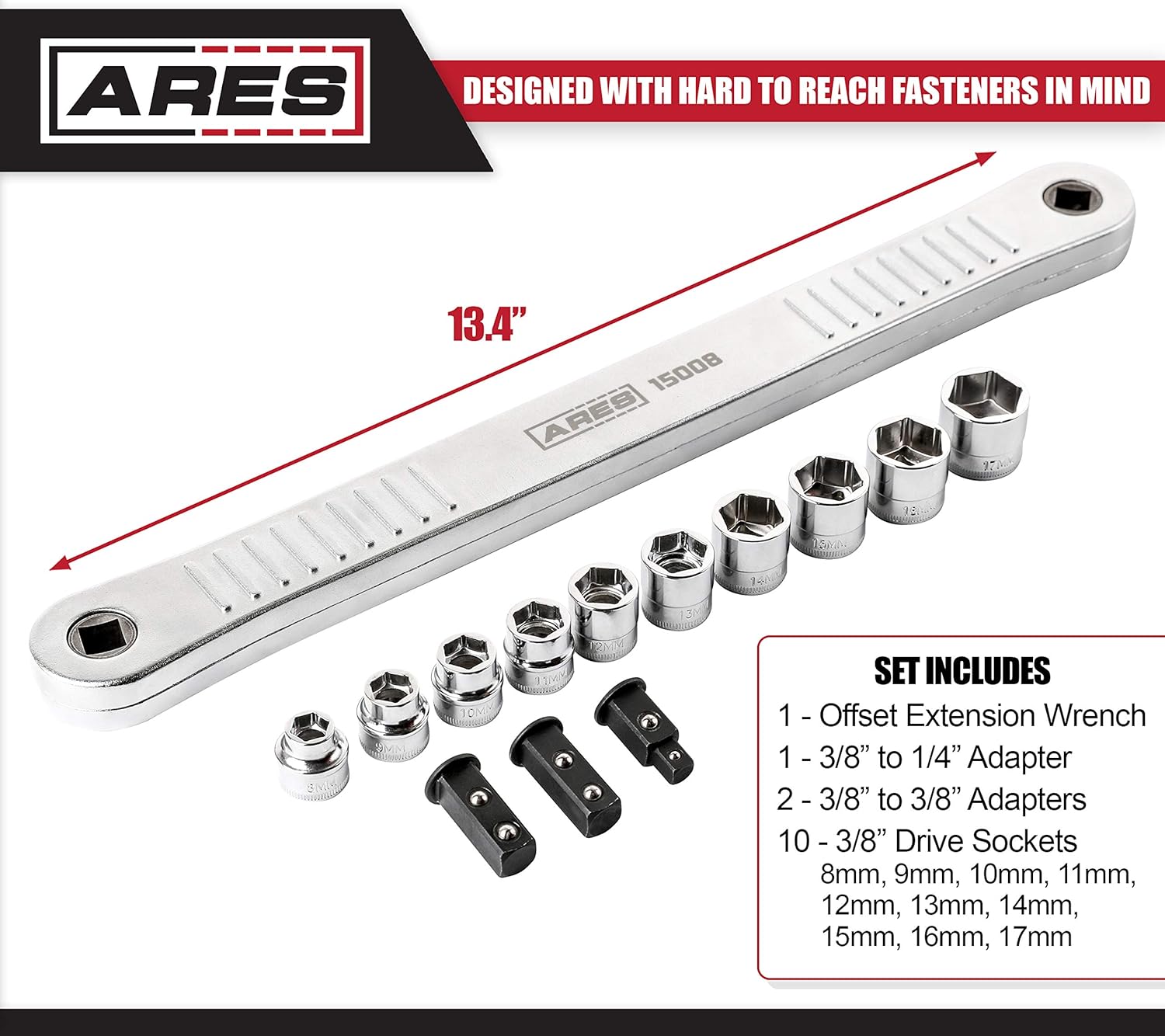 ARES 15008 - Impact Ready Offset Extension Wrench & Low Profile Socket Set - Includes 1/4-Inch & 3/8-Inch Square Drive Adapters & 8mm to 17mm Sockets - 0 Degree Swing Arc for Confined Fasteners