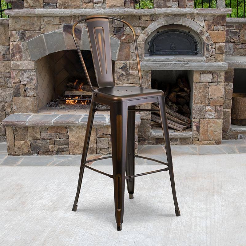 30'' High Distressed Copper Metal Indoor-Outdoor Barstool with Back