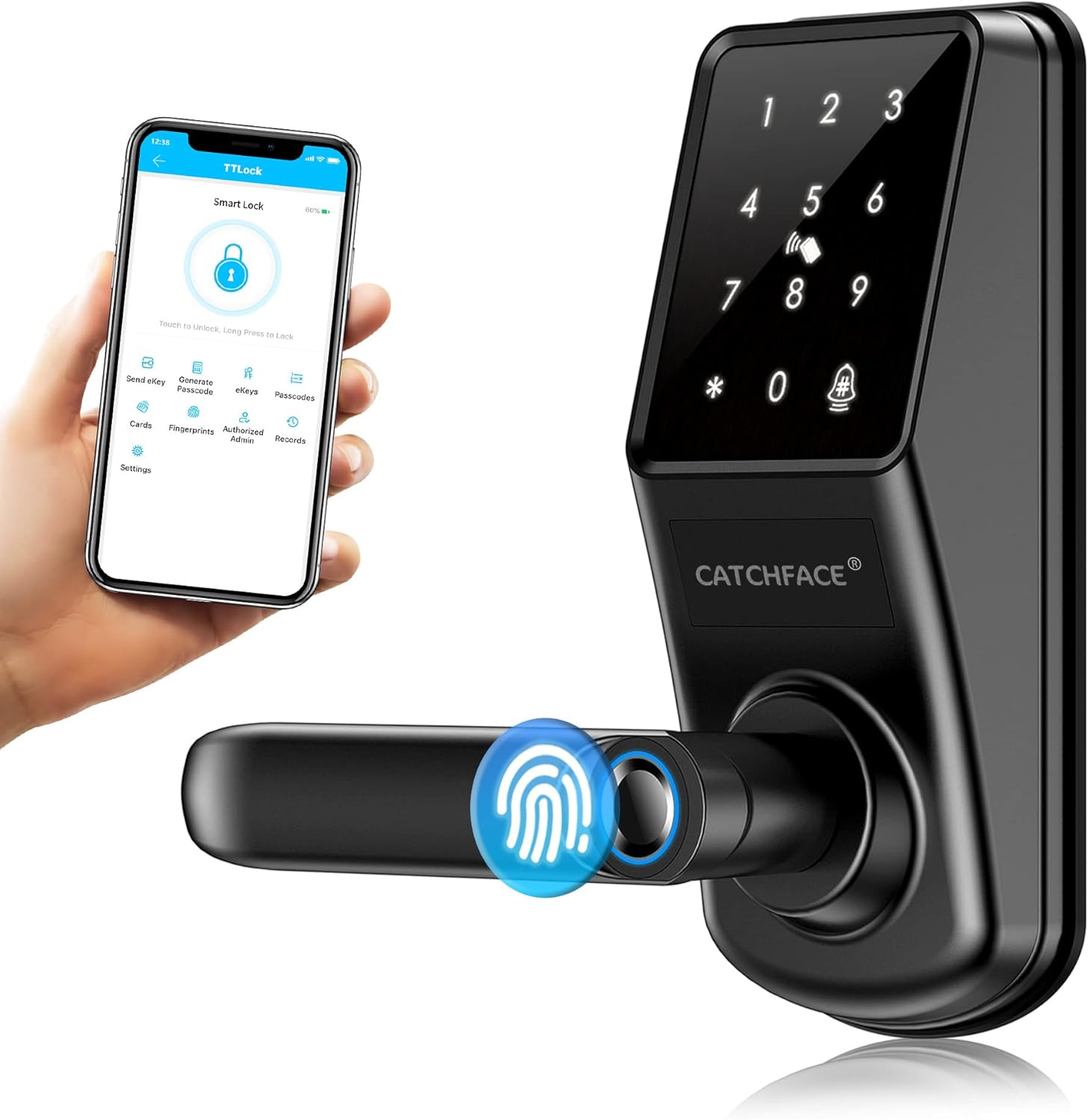 Smart Lock,CATCHFACE A290 Electronic Bluetooth Smart Lock,Keyless Door Lock with Handle,Biometric Lock with Fingerprint|TTLock App|Card|Key|Code Door Lock,Smart Lock for Front Door Office Home Airbnb