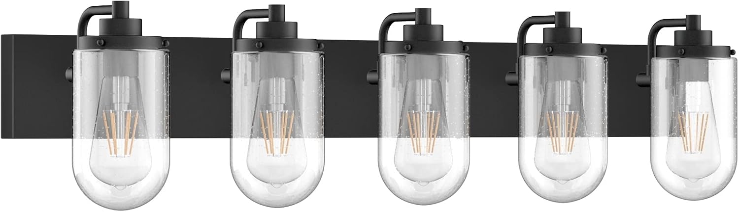 Ralbay Matte Black Bathroom Vanity Light Fixtures 5 Light Vintage Black with Bubble Glass Wall Lighting Fxiture