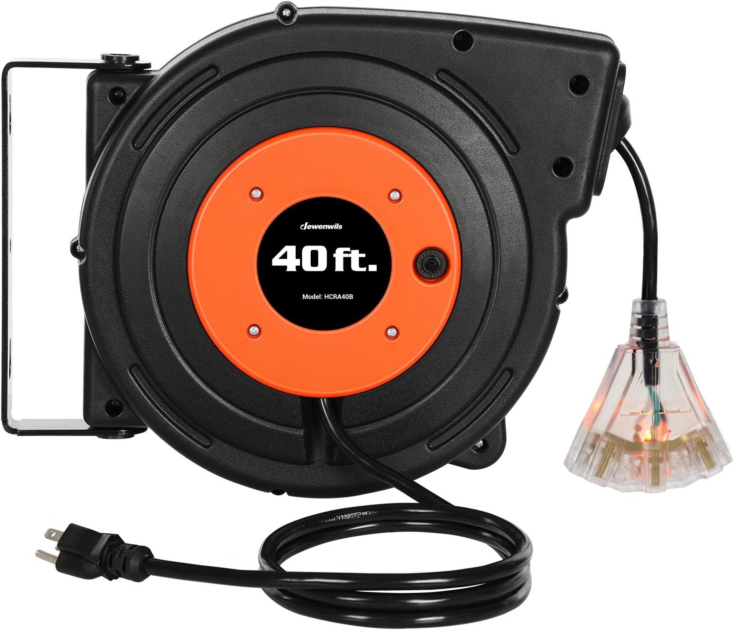 DEWENWILS Retractable Extension Cord Reel, 40 FT Heavy Duty Power Cord, 12AWG/3C SJTOW, 3 Grounded Outlets Lighted Triple Tap, 15 Amp Circuit Breaker, UL Listed