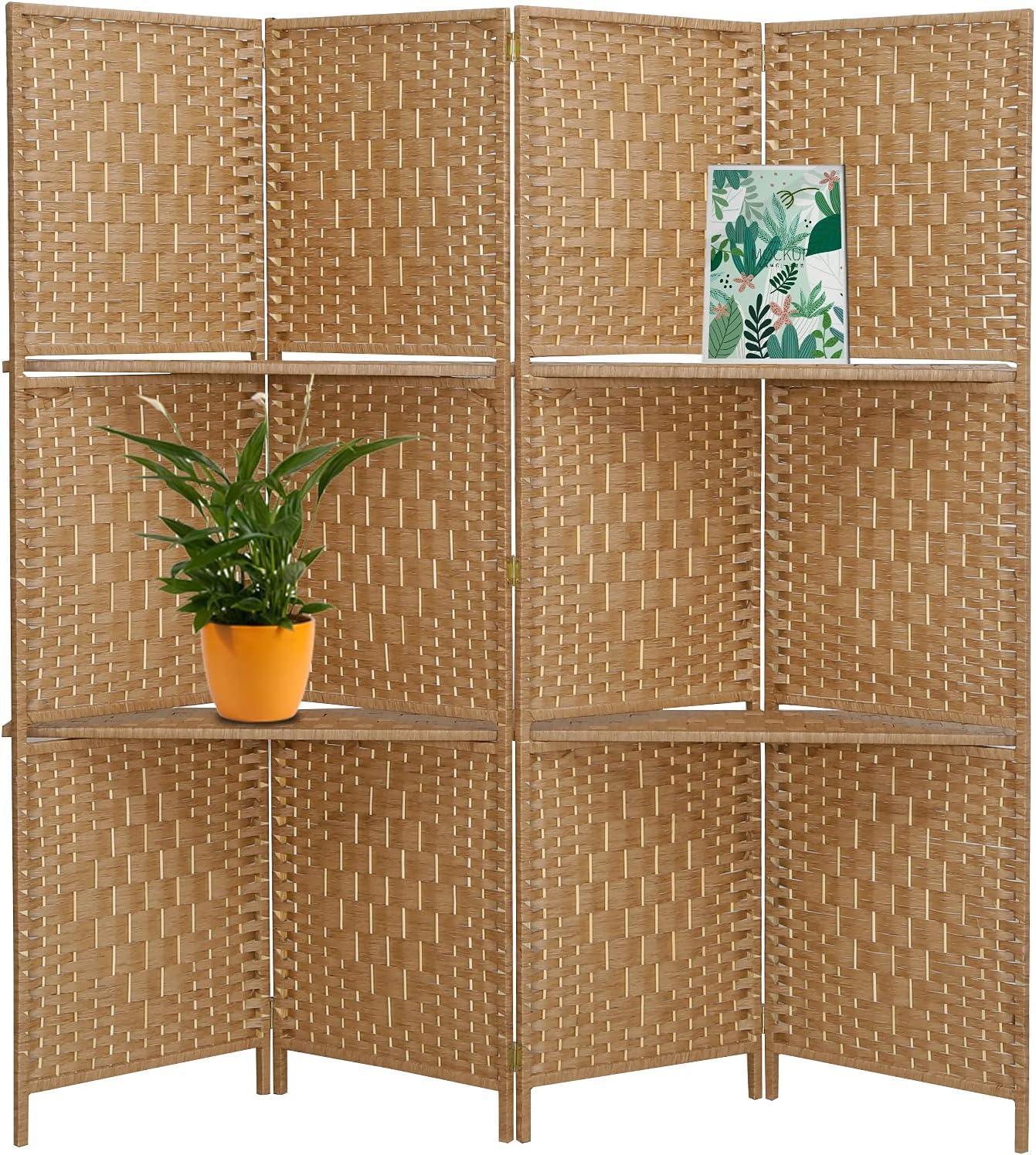 ECOMEX Room Divider with Shelves, 4 Panel Room Dividers and Folding Privacy Screens, Partition Wall, Freestanding Room Separator (Natural Color)