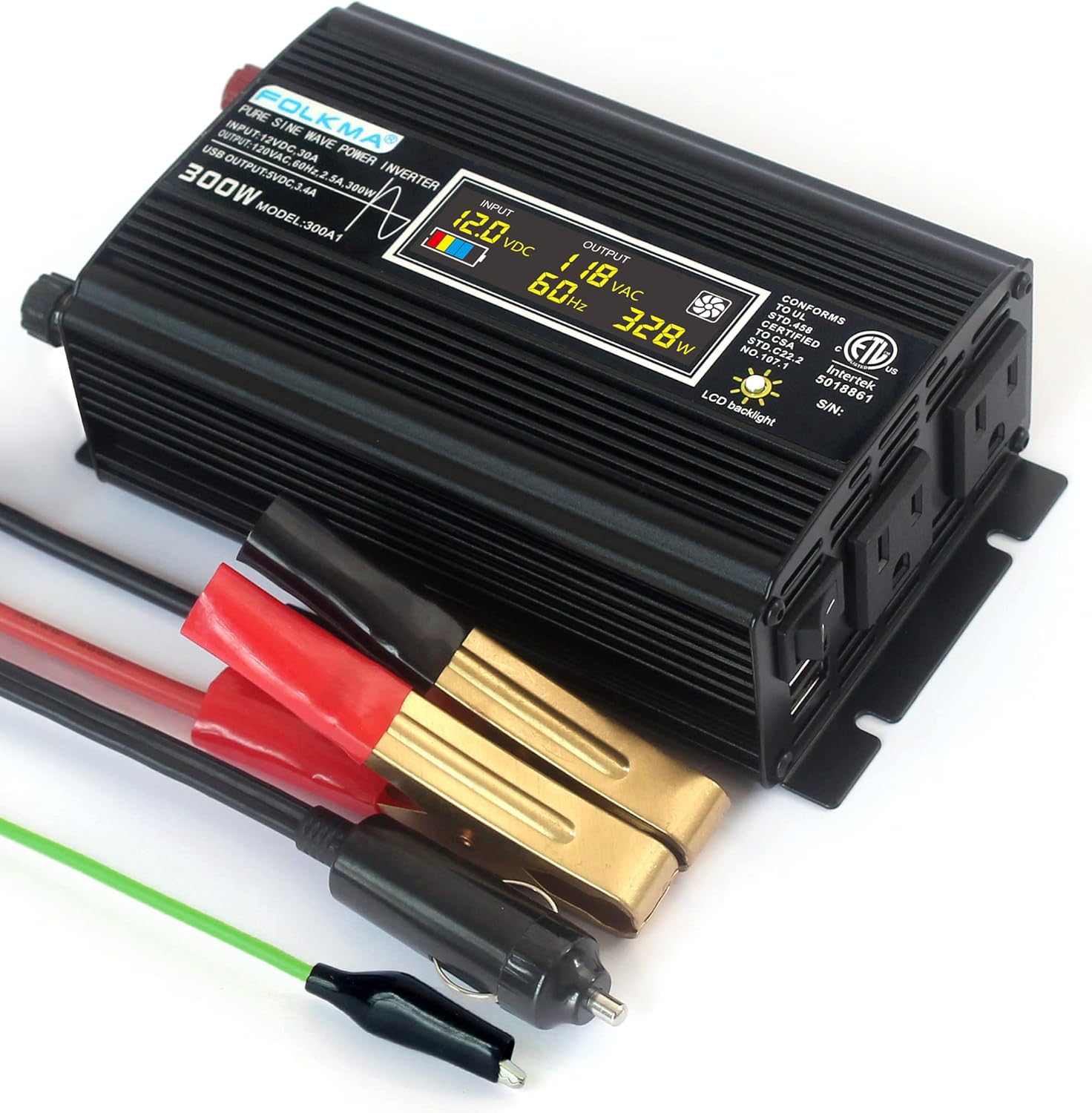 Folkma 300W Pure sine Wave Power Inverter with LCD Display ETL Listed dc 12v to 110v ac with USB Charger for car Truck RV