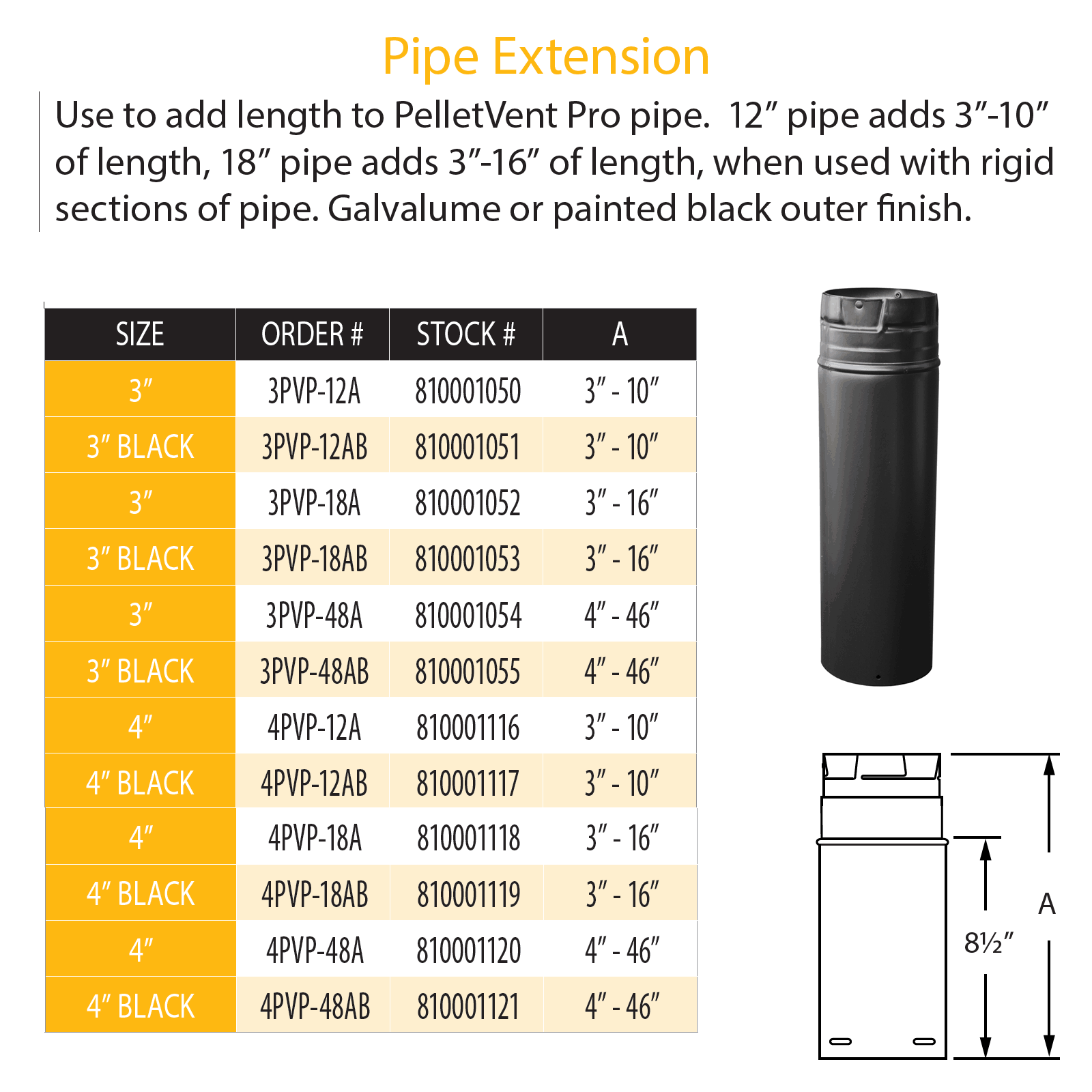 DuraVent 3PVP-48AB PelletVent Pro 3-Inch Pipe Extension, Black