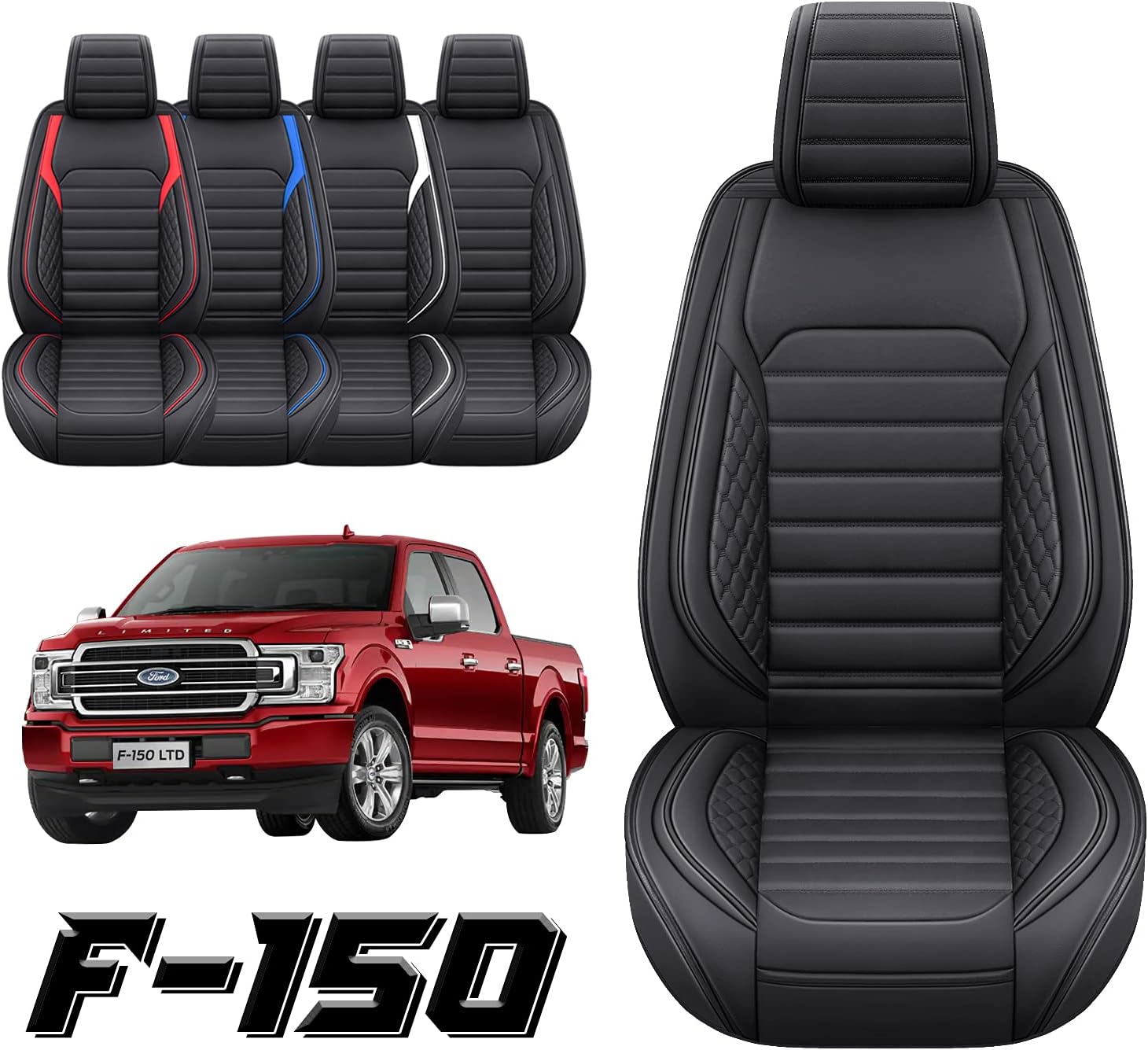 YIERTAI Custom Fit for Ford F150 Seat Covers Compatible with 2009-2022 F150 2017-2022 F250 F350 F450 Truck Crew Cab Supercab Super Duty Waterproof Leather Front Car Seat Cushion(2 PCS Front/Black)