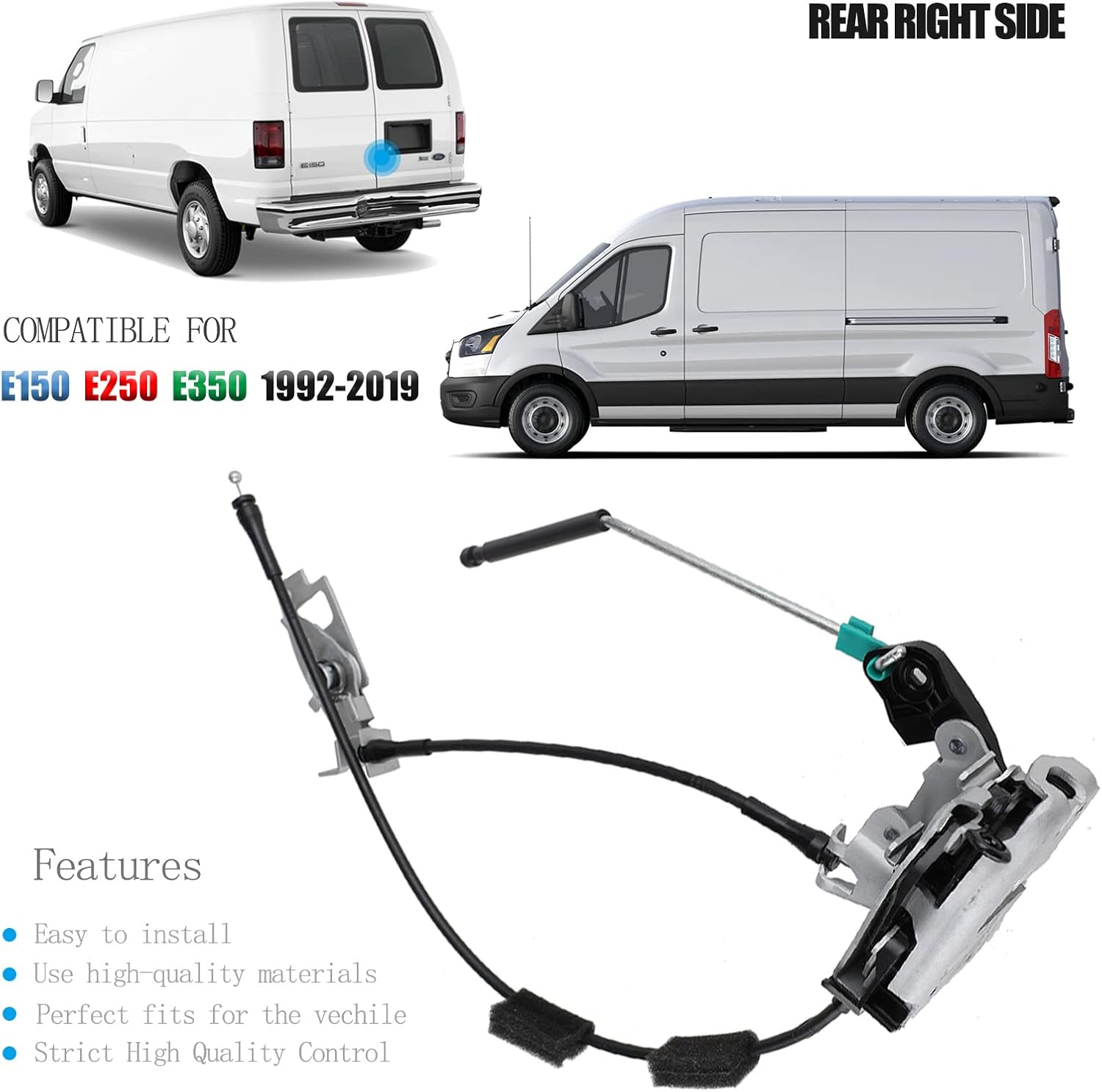 Unikpas Door Latch Cable & Rod Compatible for Ford E150 E250 E350 Van 1992-2019 Rear Right Side Replace Door Lock Latch Assembly AC2Z15431A02A,6C2Z-15431A02-AA Pack of 2