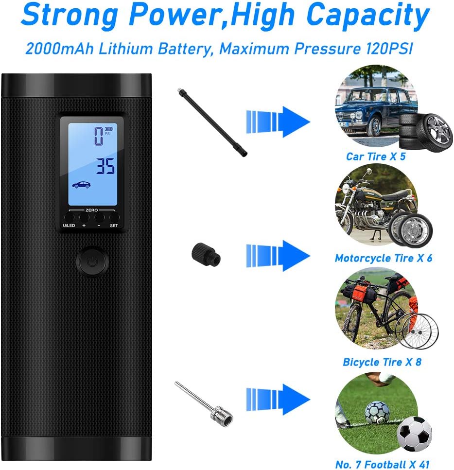 VEEAPE Air Compressor Portable Tire Inflator, Electric Air Pump 120PSI with Pressure Gauge, Heat Dissipation, Rechargeable, Power Bank, Tire Pump for Bike Motorcycle Tires Ball (Black)