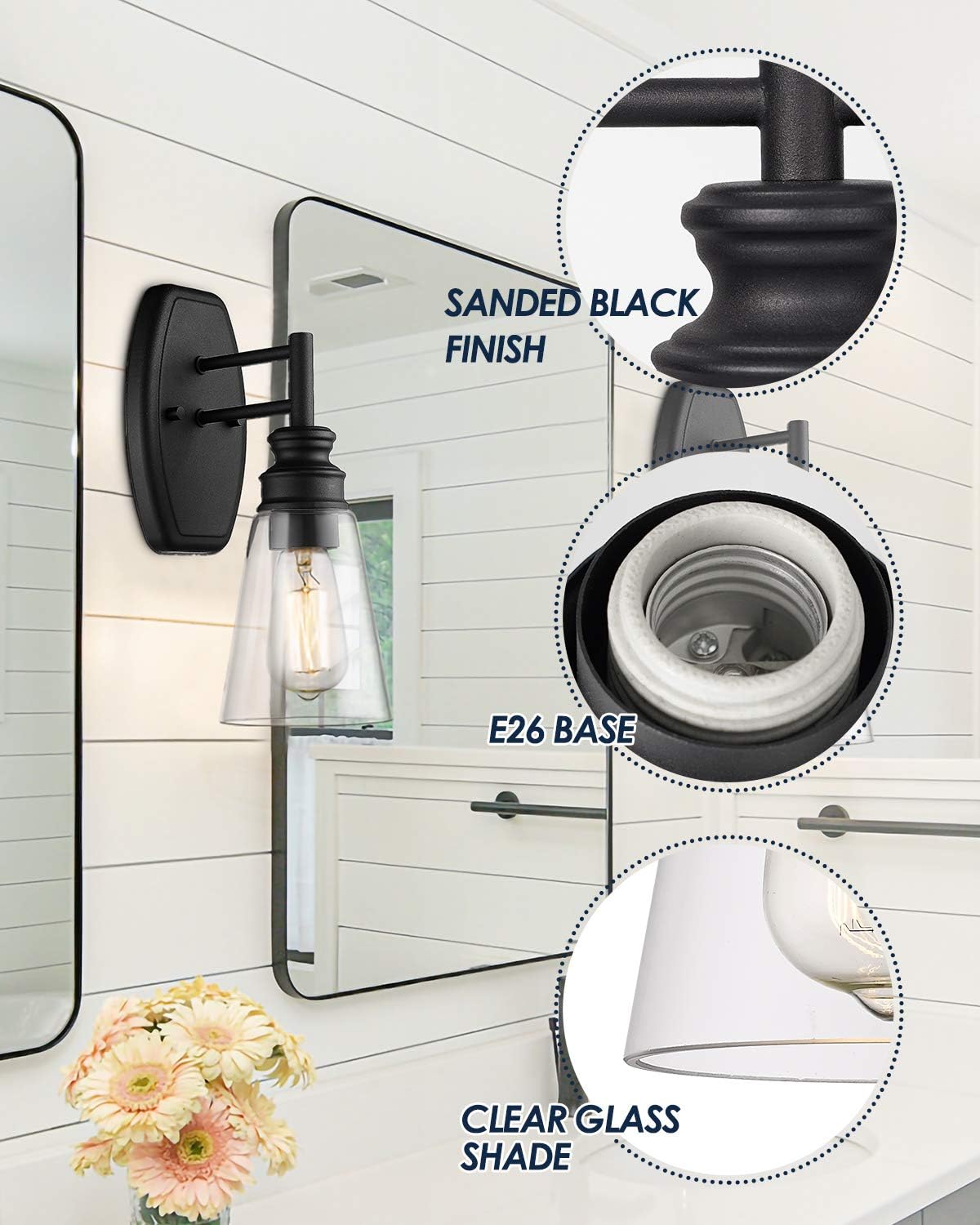 Bathroom Light Fixtures, HANASS 1-Light Bath Sconce with Clear Glass in Black Finish, Farmhouse Bathroom Vanity Lights Over Mirror, MBA99987-1