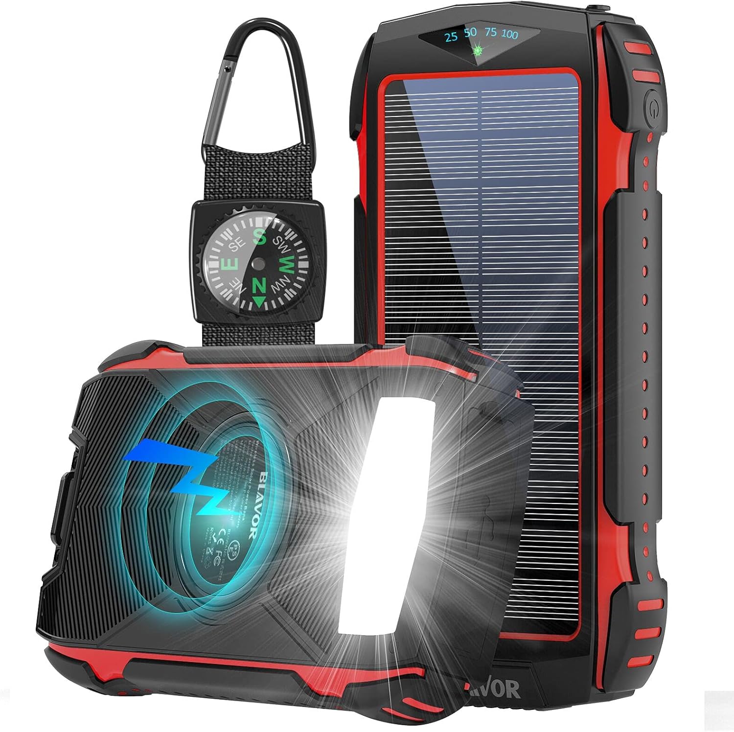 Solar Power Bank, BLAVOR Wireless Phone Charger, Portable Solar Powered Pack 20,000mAh with Camping Light, Compass Carabiner, Type C Input, IPX5 Waterproof Shockproof Dustproof (Orange) Pack of 2