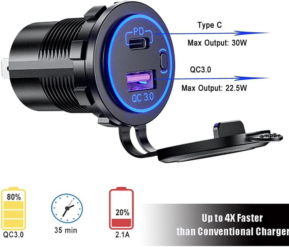 2 Packs PD Type C USB Car Charger Socket and QC 3.0 Quick Charger 12V/24V Car Power Outlet Socket with ON/Off Switch Waterproof Power Delivery for Motorcycle Marine