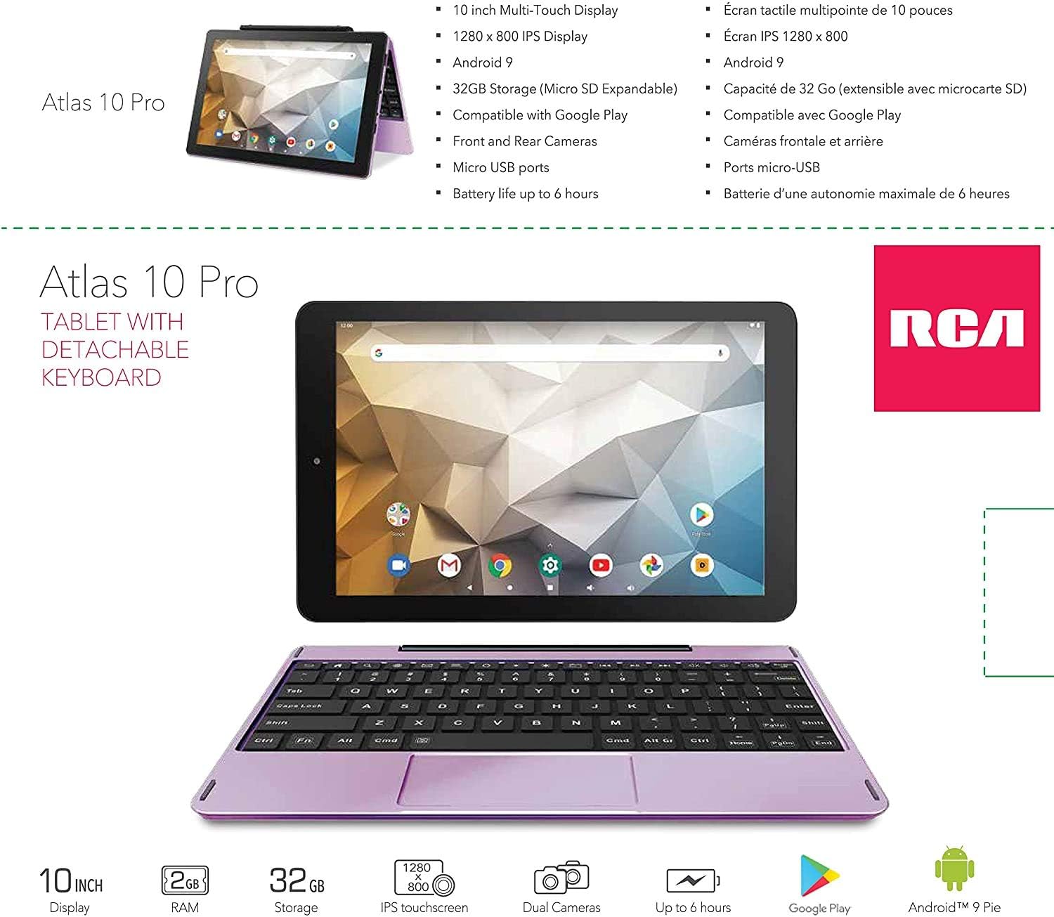 New RCA Tablet Quad-Core 2GB RAM 32GB Storage IPS HD Touchscreen WiFi Bluetooth with Detachable Keyboard Android 9 (10