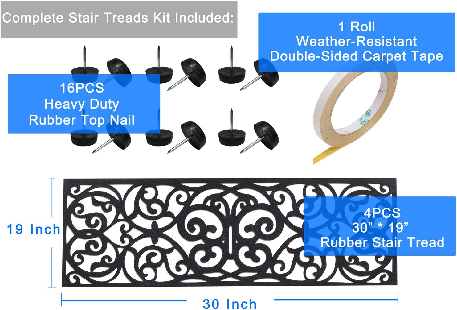 Rubber Stair Treads - Included Stay-on Kit - Skid Resistant, Butterfly Stair Traction Tread Mats, Outdoor Non-Slip Step Mat- Set of 4, 30 x 10 Inches