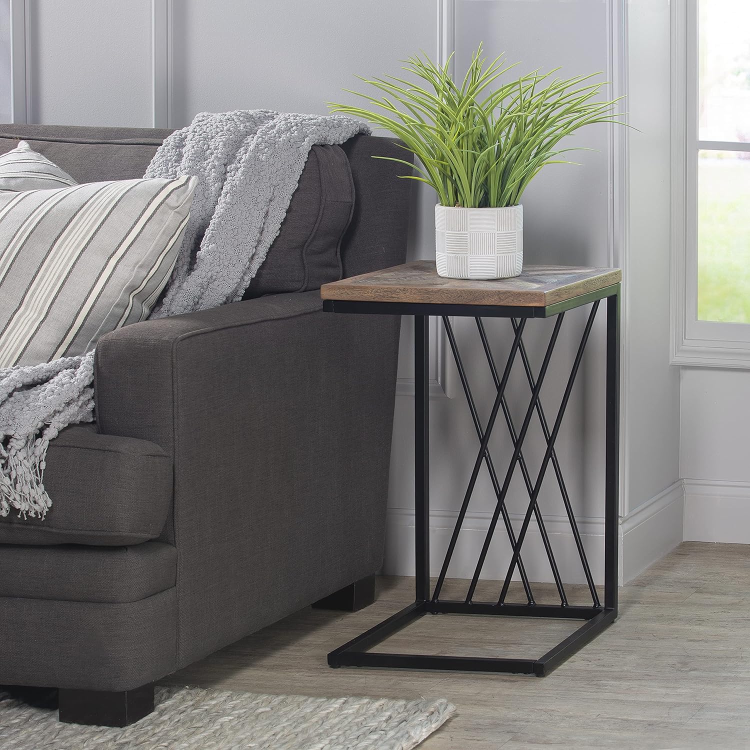 Hillsdale Kane Creek Wood and Metal C-Shaped Accent Table and Drawer with Chevron Design Top, Black/Brown