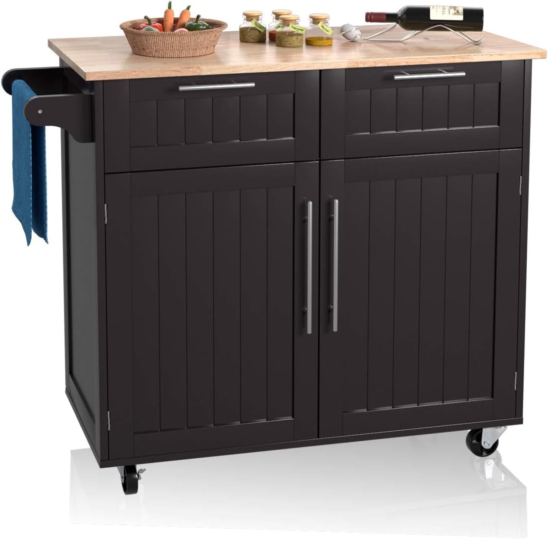 Giantex Kitchen Island Cart Rolling Storage Trolley Cart Home and Restaurant Serving Utility Cart with Drawers,Cabinet, Towel Rack and Wood Top