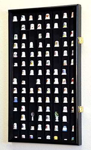100 Opening Thimble/Small Miniature Display Case Cabinet Holder Wall Rack 98% UV Lockable, Black Pack of 2