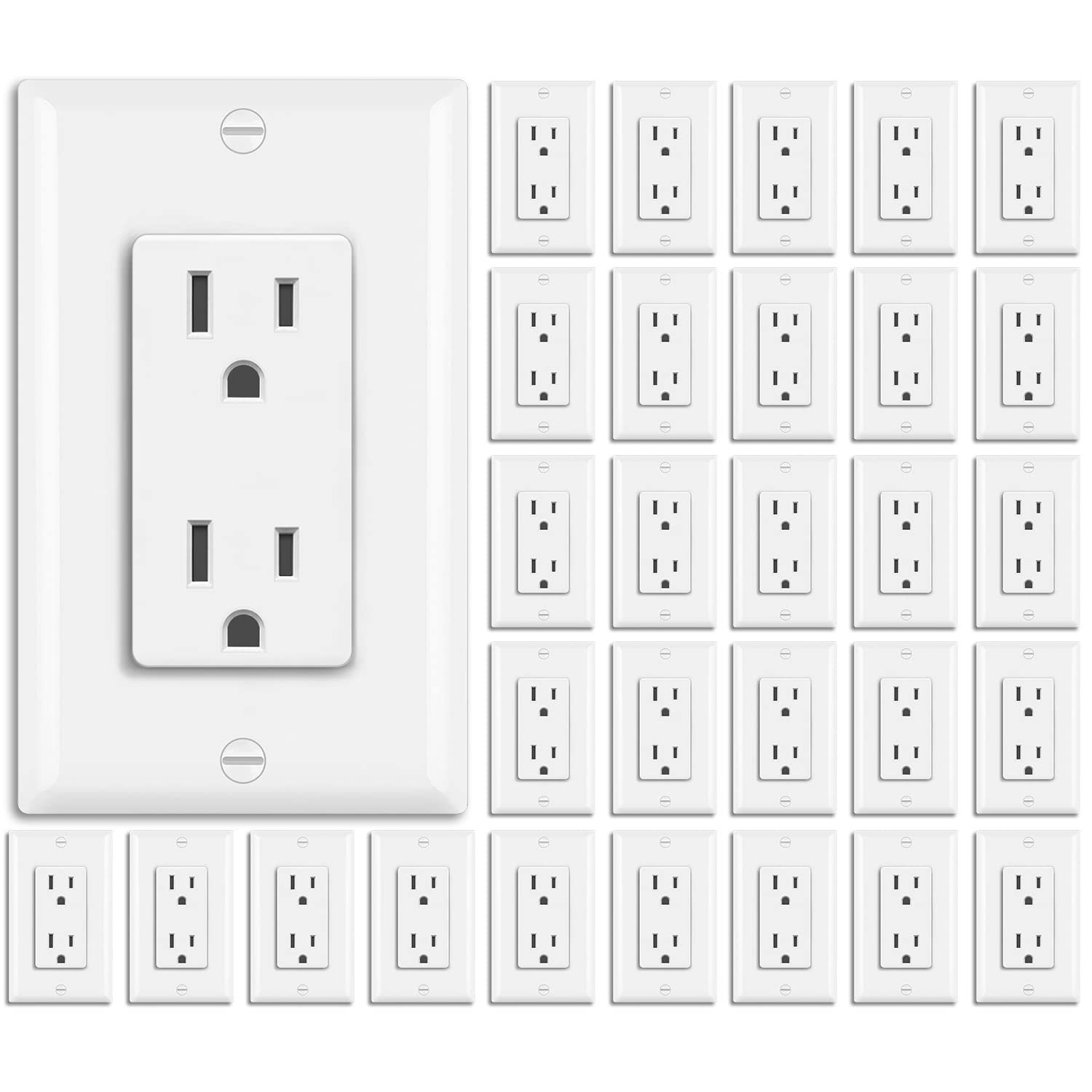 [30 Pack] BESTTEN 15 amp Decorator Electrical Wall Receptacle Outlet, Non-Tamper-Resistant Decorative Sockets, 15A/125V/1875W, for Residential and Commercial Use, UL Listed, White