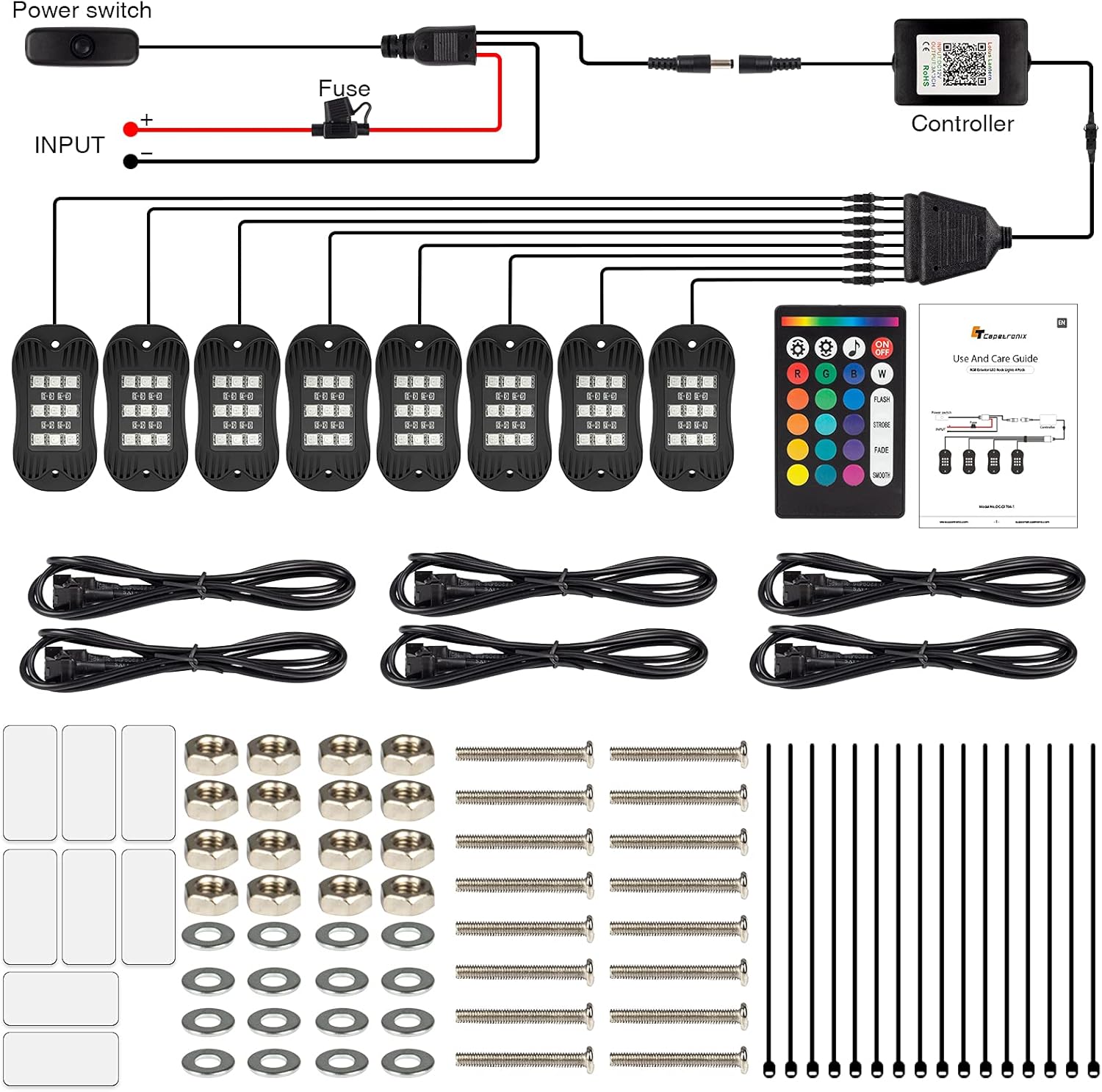 RGB Led Rock Lights for Trucks Exterior, Neon Lights Underglow Kit for Trucks Cars 8 Pods，with App/RF Remote Control, Car Wheel Well Lights for ATV RZR Utv SUV Offroad，Waterproof, DC 12V Pack of 2