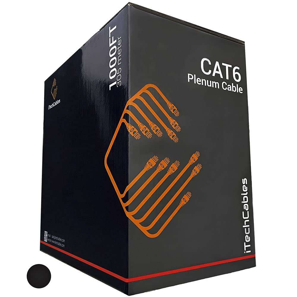 iTechCables, CAT6 Plenum Bulk Ethernet Cable 1000ft (CMP Rated) | Fluke Test Passed | 23AWG 4Pair Solid, 550-MHz | Unshielded Twisted Pair (UTP) | Up to 10 Gigabit, Black