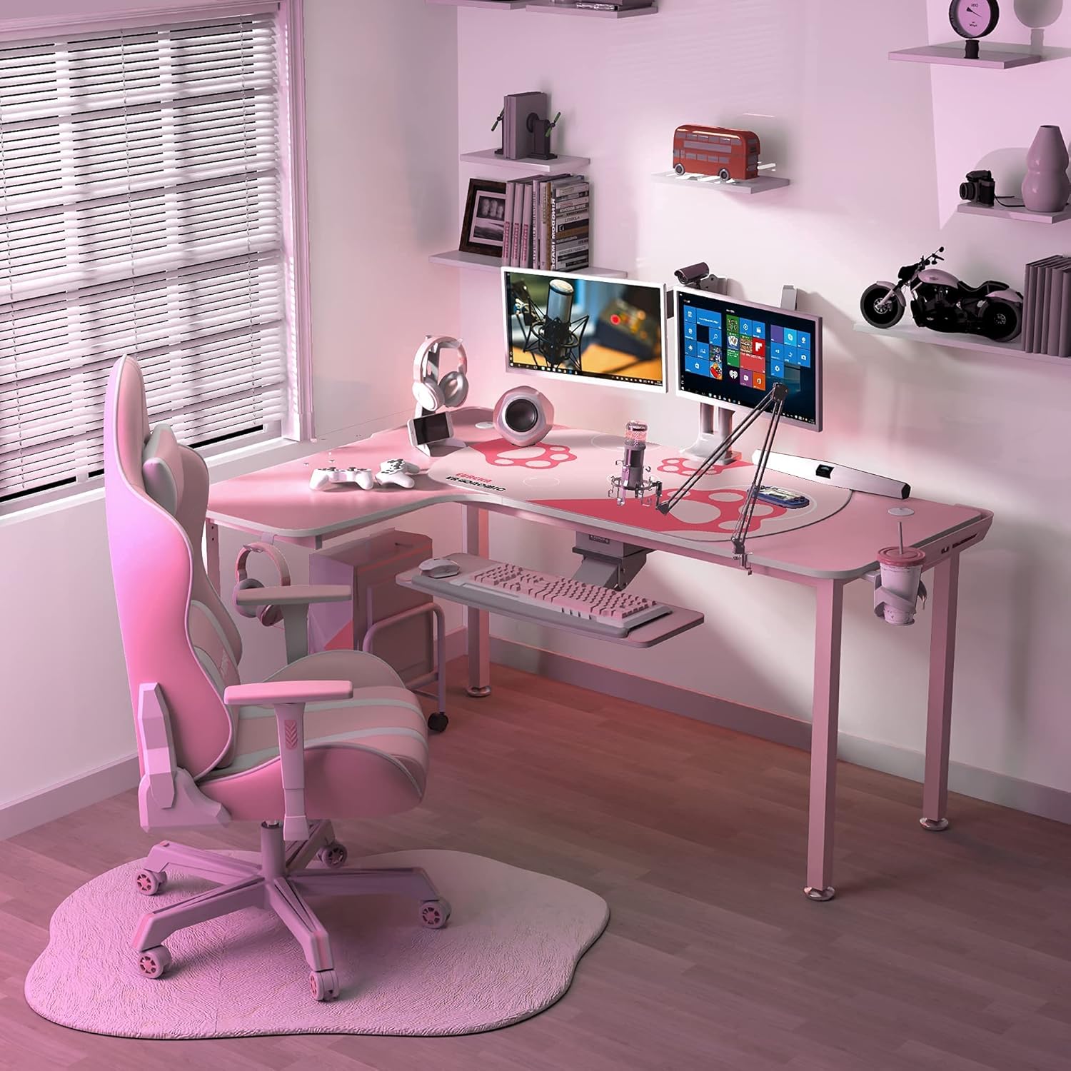 EUREKA ERGONOMIC Gaming Desk,60 Inch Pink L-Shaped Computer Desk, Corner Desk Gamer Desk Game Table with Free Mouse Pad for Girls Home Office Wood & Metal Space-Saving,Easy to Assemble,Pink