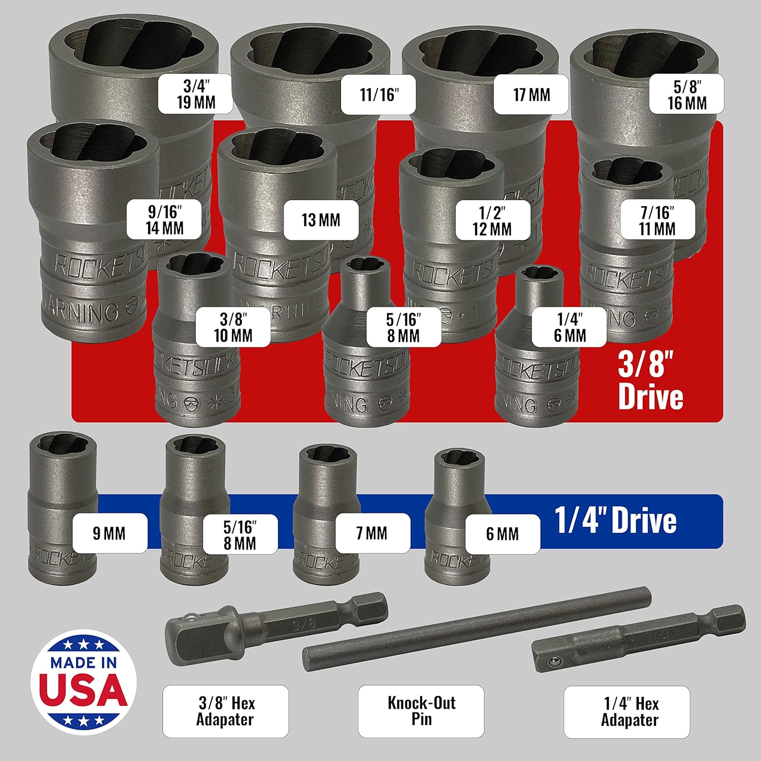 ROCKETSOCKET | 18 Piece Bolt Lug Nut Extractor Socket Tool Set | &frac14; in. and ⅜ in. Drive | RAZORGRIP Technology Extract Damaged Frozen Rusted Rounded-Off Bolts Nuts & Screws | Made in USA Steel