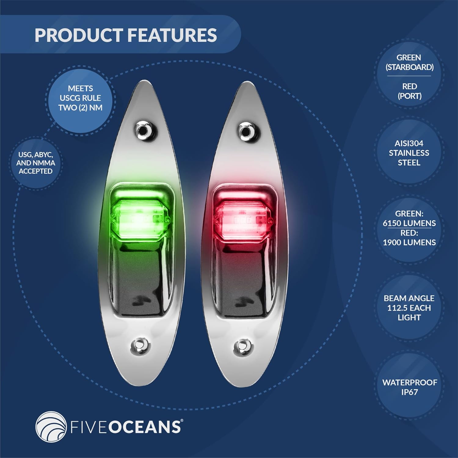 Five Oceans FO3840 Vertical Mount LED Navigation Side Lights, Starboard (Green) and Port (Red), AISI304 Stainless Steel, 12 Volts, Visibility 2 NM Pack of 2
