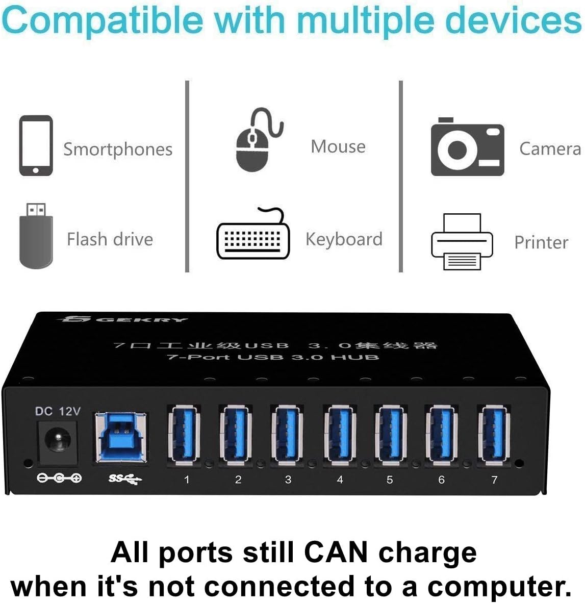 GEKRY USB 3.0 Hub, Metal Case Mountable 7-Port Powered USB Hub 3.0 with 12V/3A AC Adapter-Type A Pack of 2