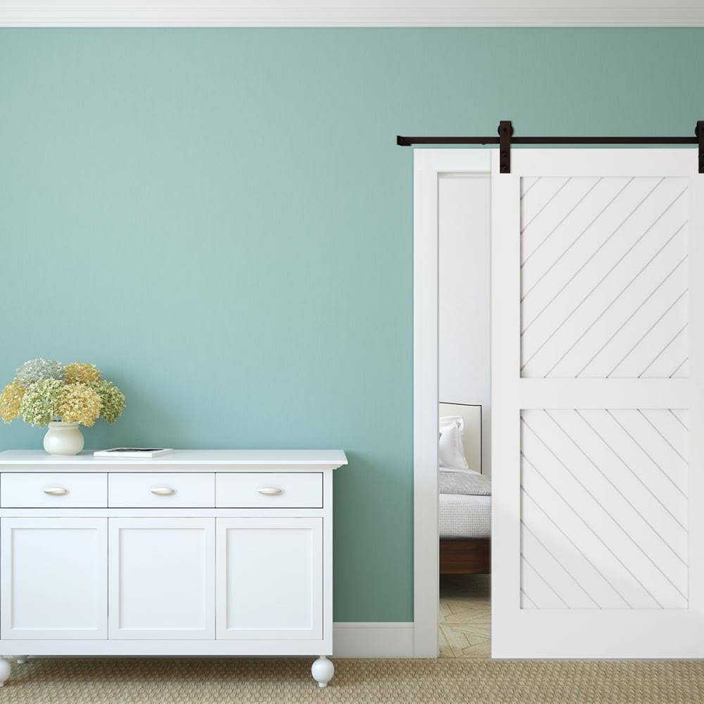 Premium Wagon Wheel Strap Barn Door Hardware Set w/ 6& Track for 1 3/8x22 Doors, Bronze Texture