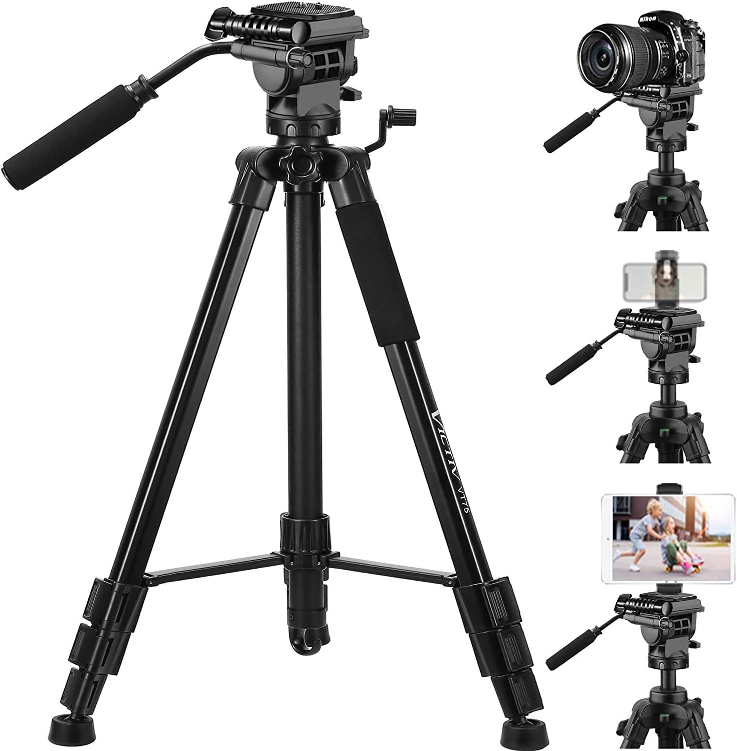 Tripod, 73 inch Tripod for Camera 15 lbs Loads with Fluid Head, 2 Quick Release Mounts and Tablet & Phone Mount Pack of 2