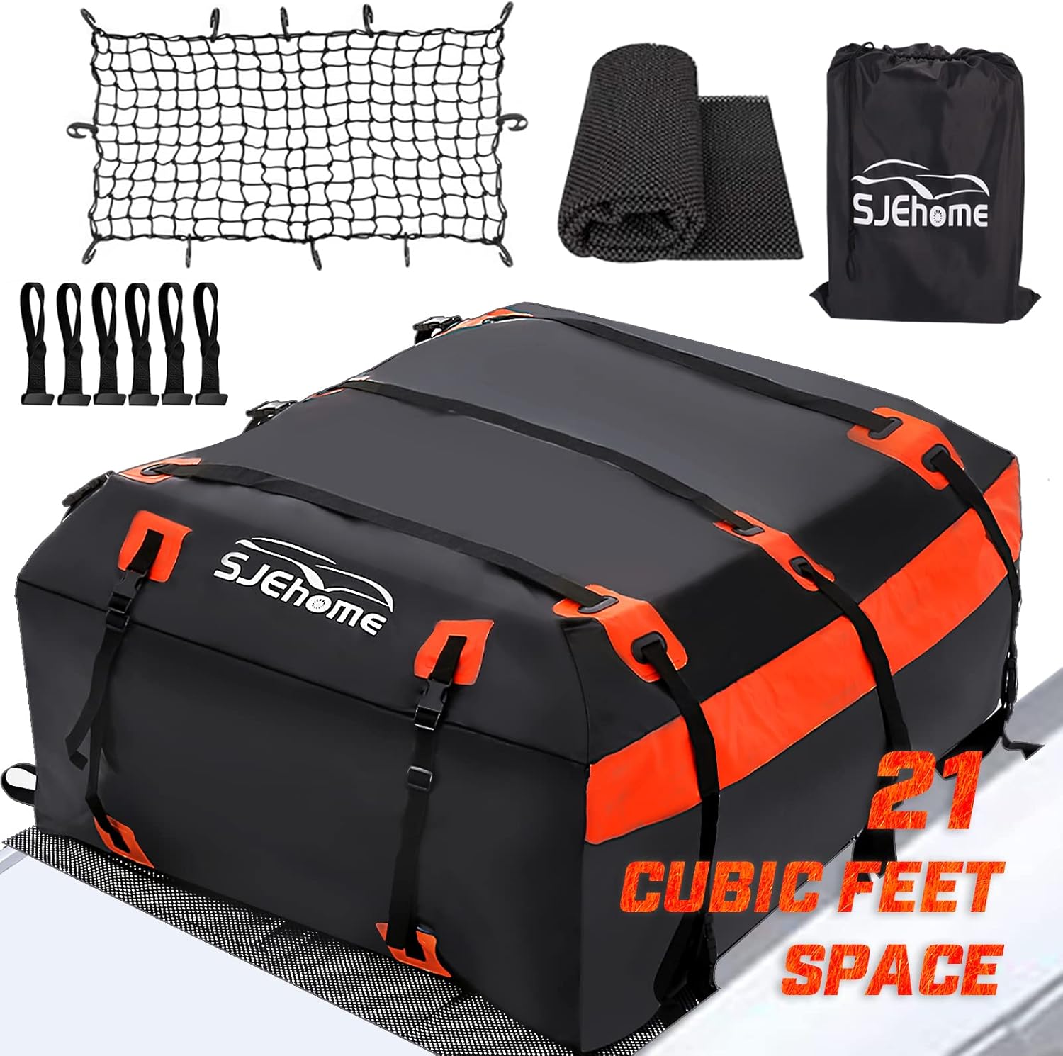 SJEhome 21 Cubic Feet Rooftop Cargo Carrier,Car Roof Bag for All Cars with/Without Rack,600D PVC Waterproof Car Roof Storage,Includes Anti-Slip Mat,6 Door Hooks,Adjustable Elasticity Car Cargo Net