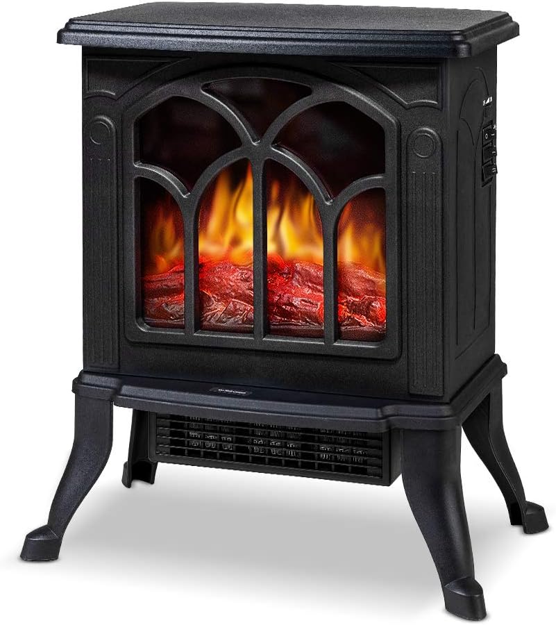 LIFEPLUS Electric Fireplace, Fireplace Stove with 3D Realistic Flame, Fireplace Heater for Indoor Use, Portable & Overheat Protection, Style Retro Frame Freestanding Fireplace Space Heater