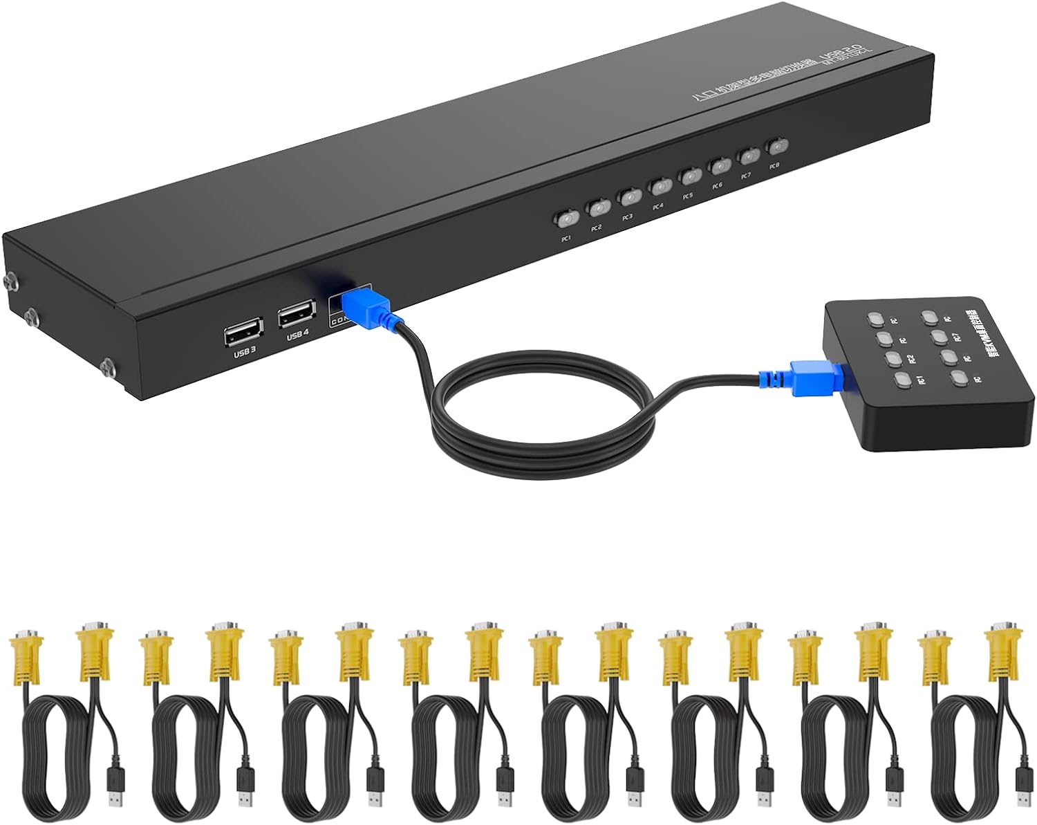 Yinker VGA KVM 8 Port, USB VGA Rackmount KVM + 8 KVM Cables + 3 USB Hubs + Wired Desktop Selector + Rack Mount Ears