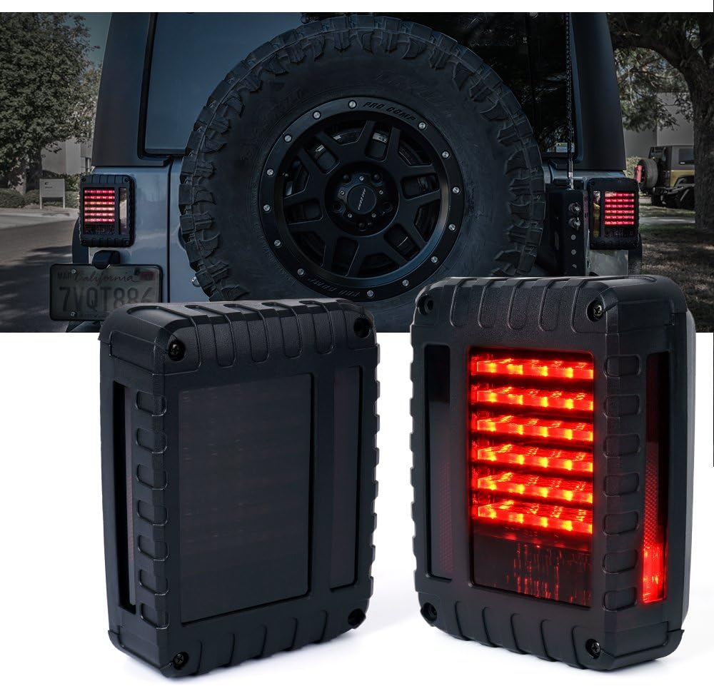 Xprite Smoked Lens Red LED Tail Light Assembly w/ Brake, Turn Signal & Back Up Compatible with 2007 - 2018 Jeep Wrangler JK JKU