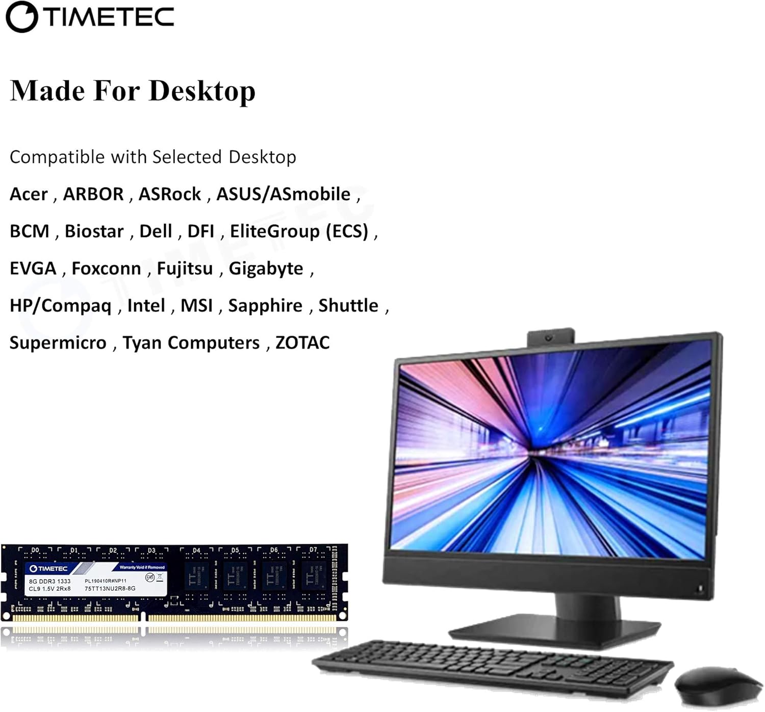 Timetec 8GB DDR3 1333MHz PC3-10600 Non-ECC Unbuffered 1.5V CL9 2Rx8 Dual Rank 240 Pin UDIMM Desktop Memory RAM Module Upgrade (8GB) Pack of 2