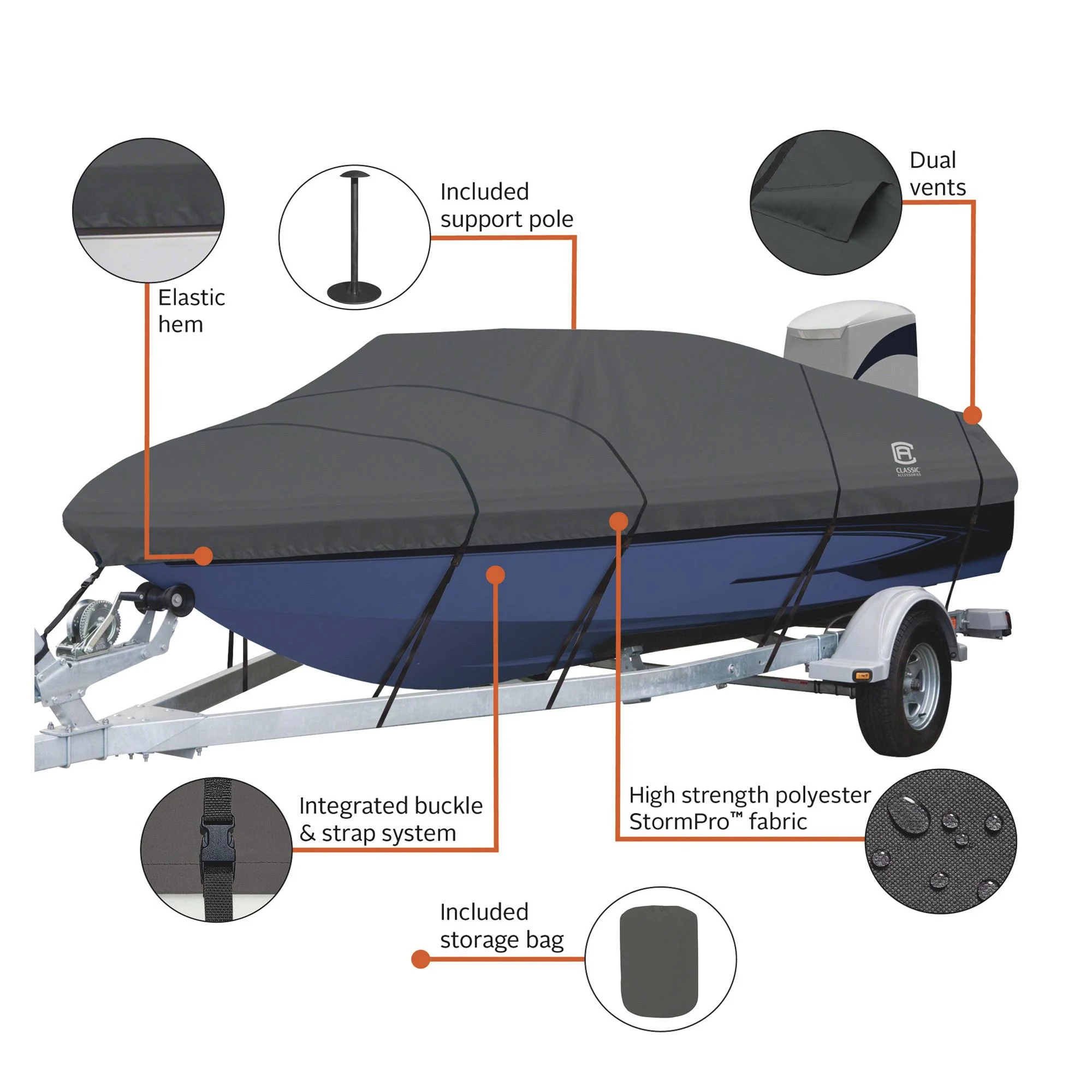 Classic Accessories StormPro Heavy Duty V-Hull Inboard/Outboard Cover with Support Pole, Fits Boats 19&6x22 - 20&6x22 L x 104x22