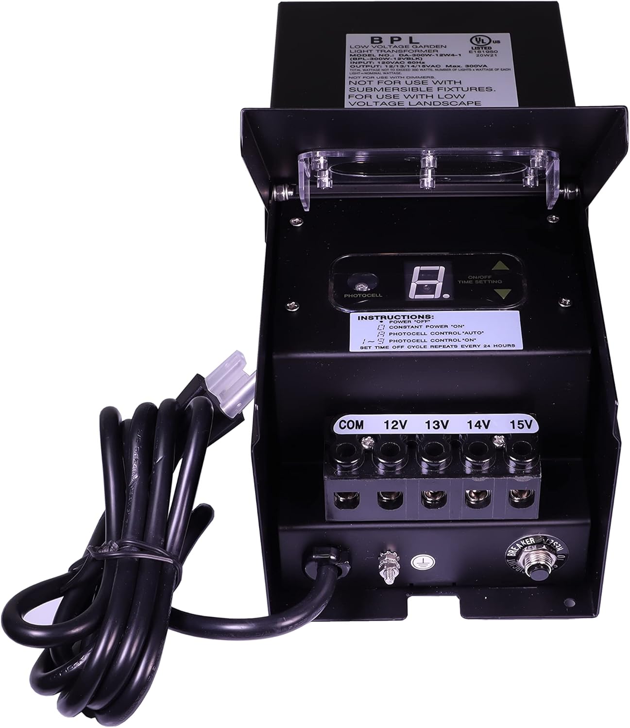 300 Watt Transformer Low Voltage Landscape Multi Tap 120 Volt AC to 12-15 Volt LED & Halogen - Lighting Indoor/Outdoor Weatherproof Power Pack w Digital Timer, Photocell Sensor - Black Metal Case