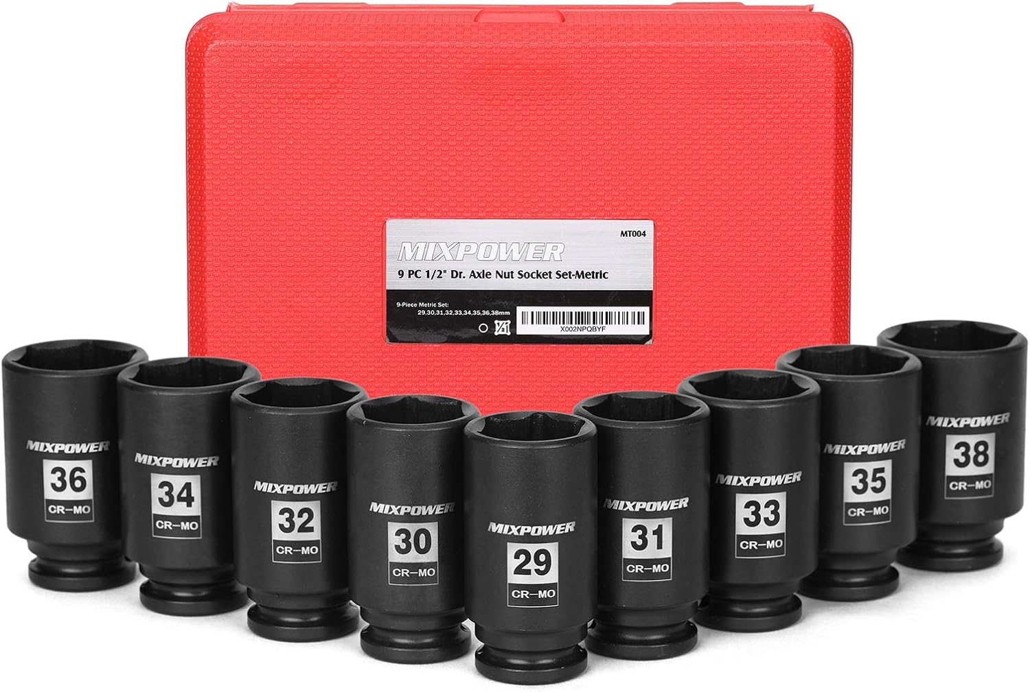 MIXPOWER 1/2- Inch Drive Deep Impact Socket Set, 6 Point, CR-MO, Metric, 29mm-38mm, 9-Piece 1/2