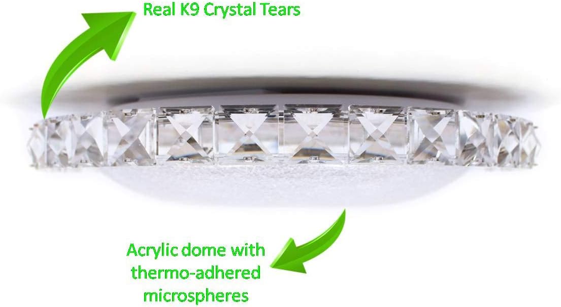 iLett 18 Watts NEW UPGRADED Modern Minimalist Real K9 Crystal Tears Round LED Ceiling Light, 14 in, Surface, Russian Style, Day Light