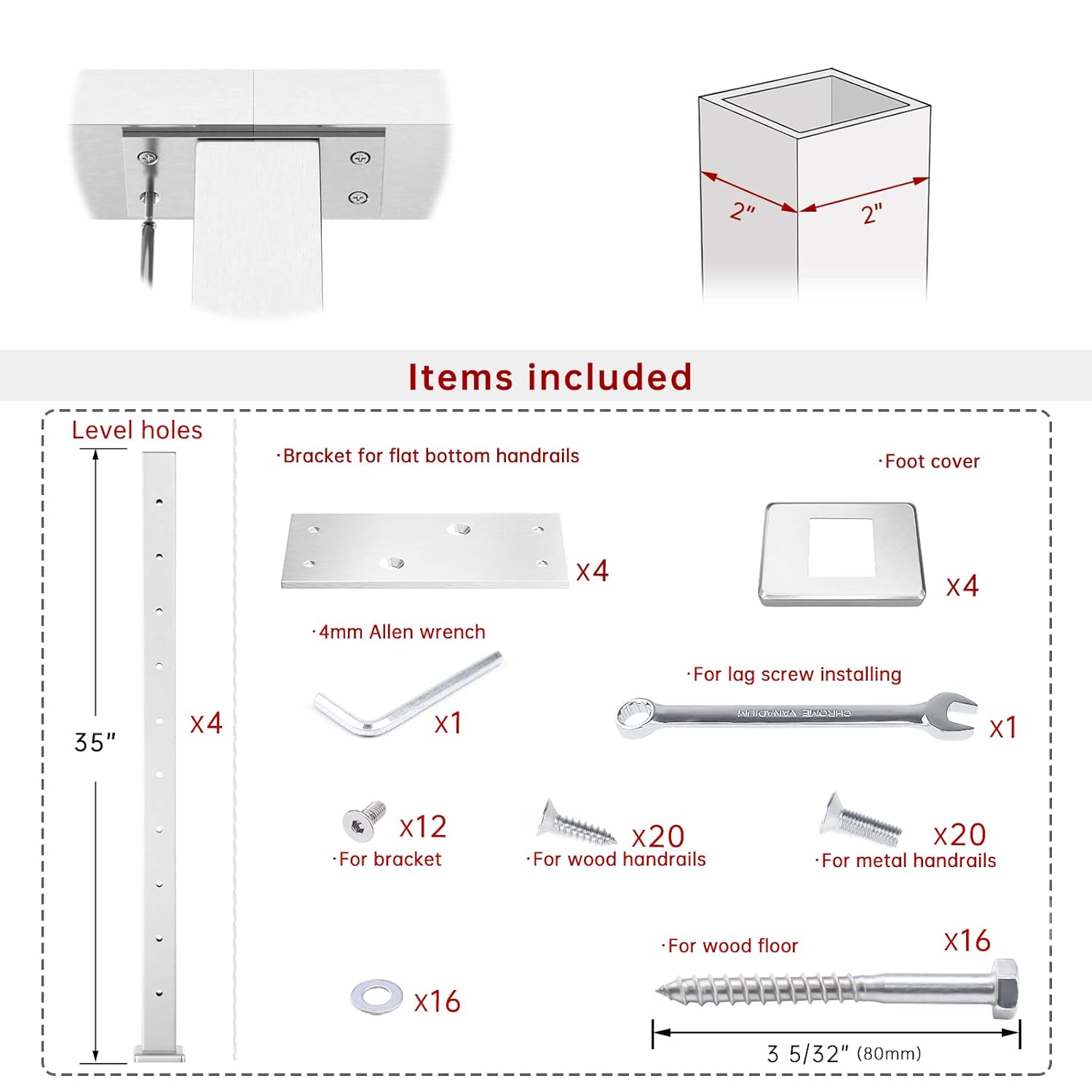Muzata 4Pack Cable Railing Post Square Weldless Flat top 36