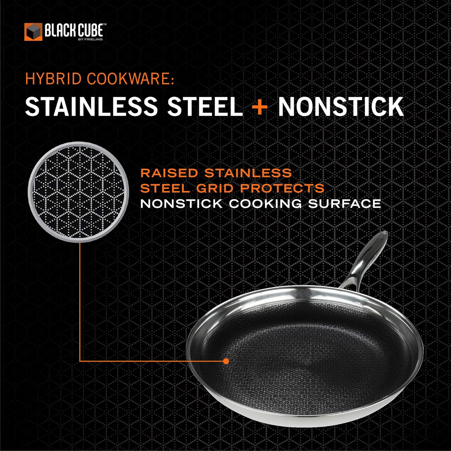 Black Cube Hybrid Stainless Steel Frying Pan with Nonstick Coating, Oven-Safe Cookware, 11 Inches
