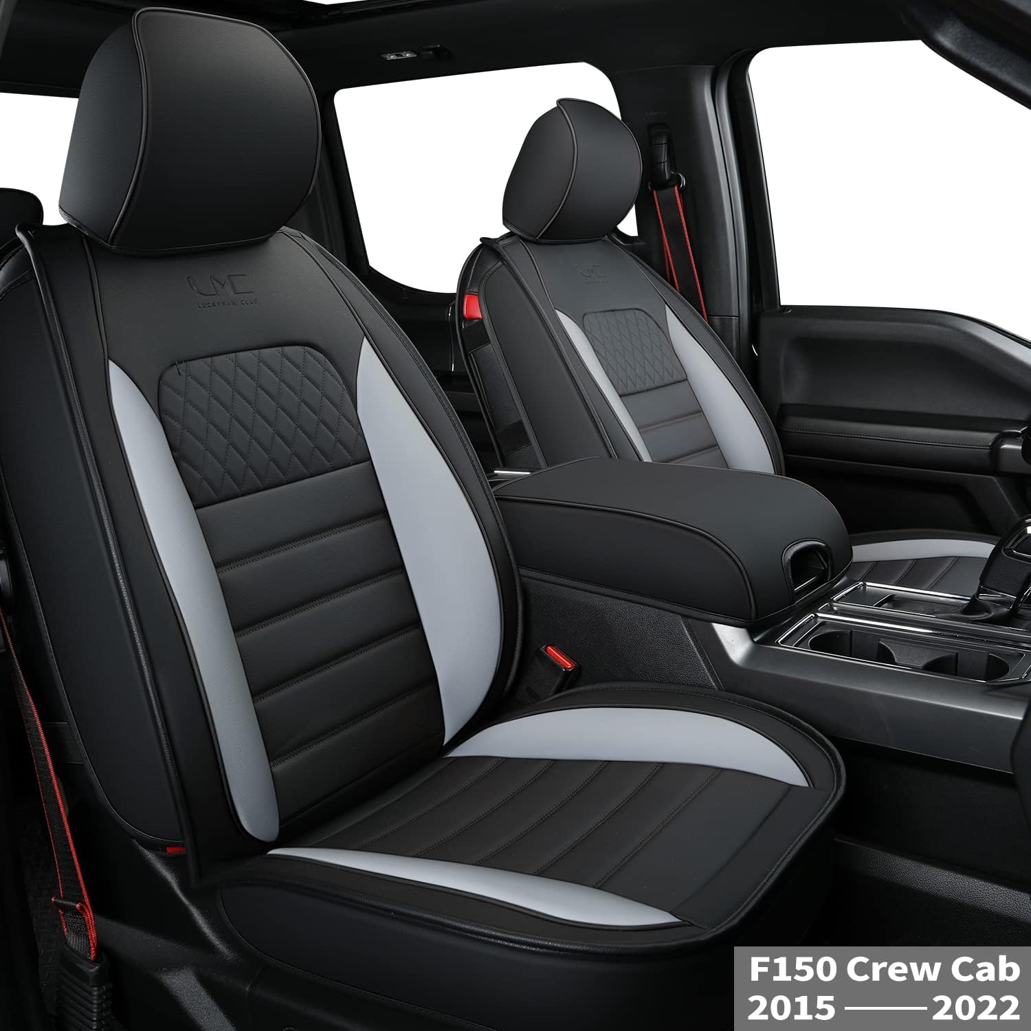 LUCKYMAN CLUB F150 Custom Fit Seat Covers for 2015-2022 F150 Crew Cab, and 2017-2022 F250 F350 Crew Cab with Faux Leather (Black & Gray)