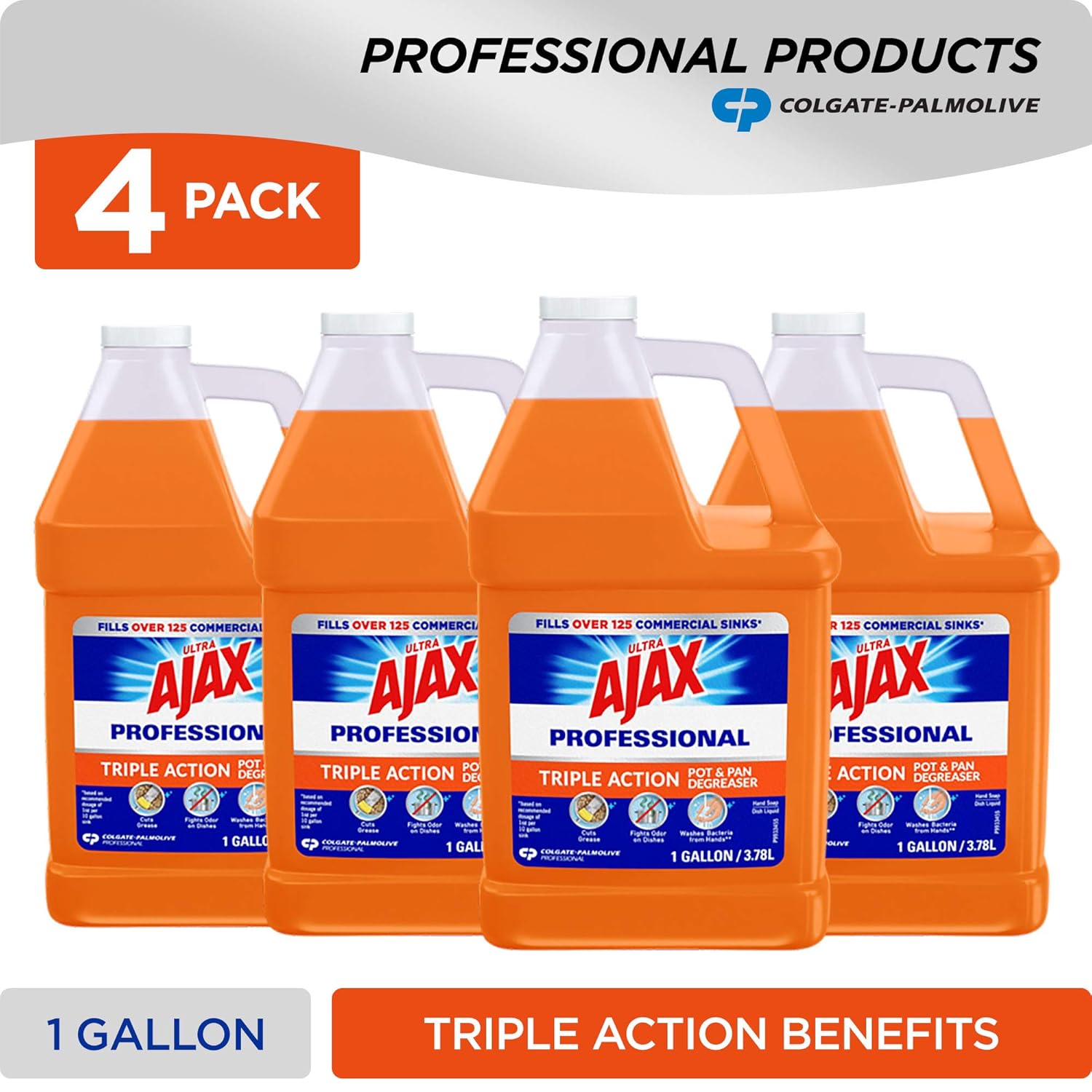 Ajax Ultra Professional Dish Soap and Degreaser, Triple Action Orange, Bulk Dish Soap, 4 Gallons Total (128oz, Pack of 4) Pack of 2