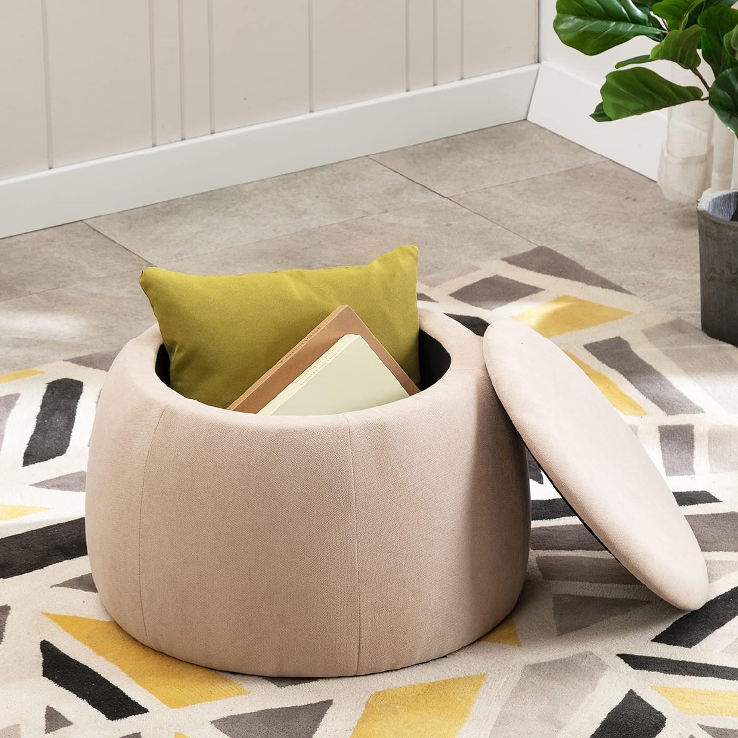 DAGONHIL Round Fabric Storage Ottoman with Lids,Storage Bins for Living Room,Footrest for Bedroom,Pack 1(Gray) Pack of 2