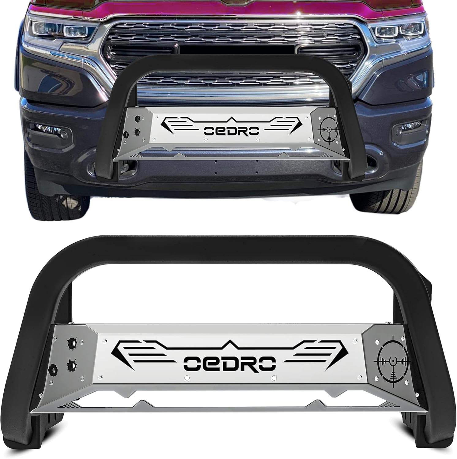 oEdRo Bull Bar Compatible for 2019-2022 Dodge Ram 1500 New Body, Pickup Truck Front Brush Push Bumper Guard Textured Black, w/Silver Skid Plate & Light Mount