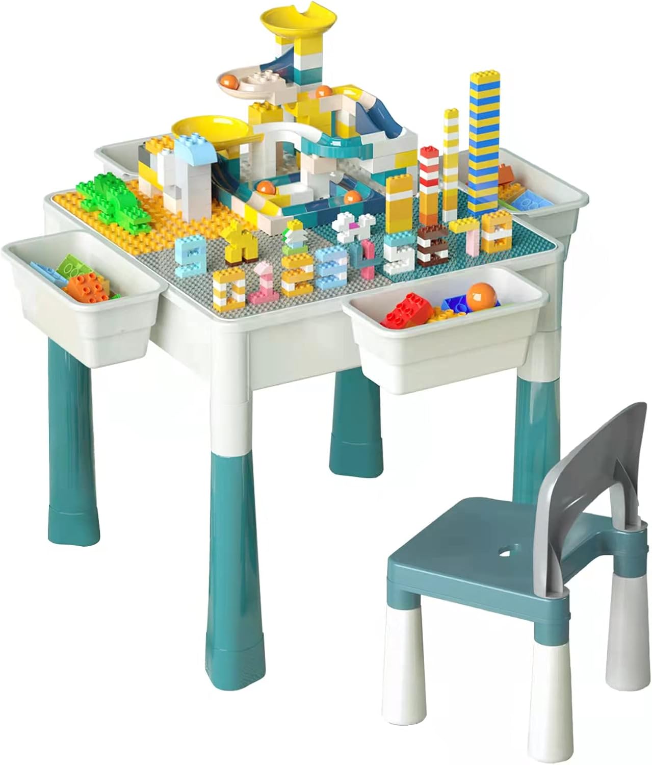 Xuteeya Kids Activity Table and Chair Set All-in-One Multi Compatible 100pcs Marble Run Set 60pcs Big Building Blocks, Adjustable Outdoor Play Sand Water Table for Toddlers Age 5-8 (Morandi Color)